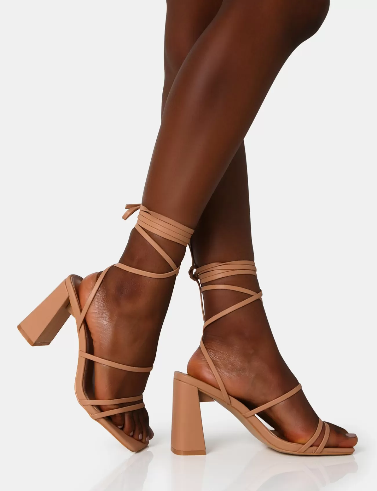 Public Desire Natty Wide Fit Pu Lace Up Square Toe Mid Block Heels Nude Best Sale