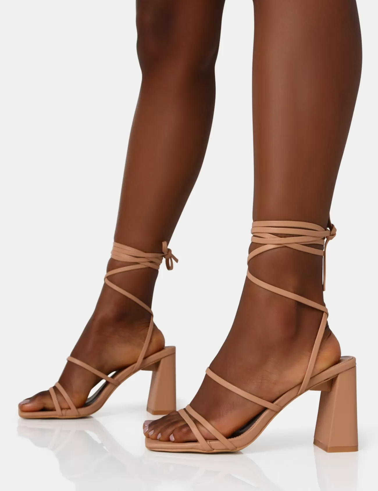Public Desire Natty Wide Fit Pu Lace Up Square Toe Mid Block Heels Nude Best Sale