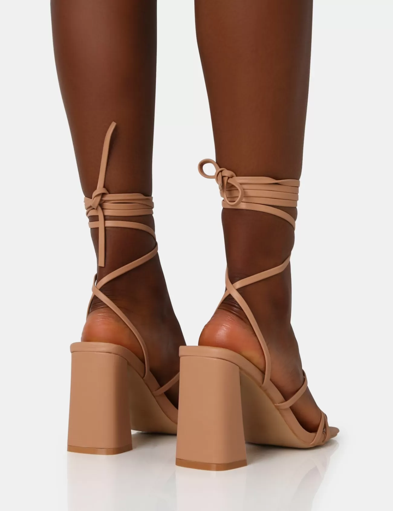 Public Desire Natty Wide Fit Pu Lace Up Square Toe Mid Block Heels Nude Best Sale