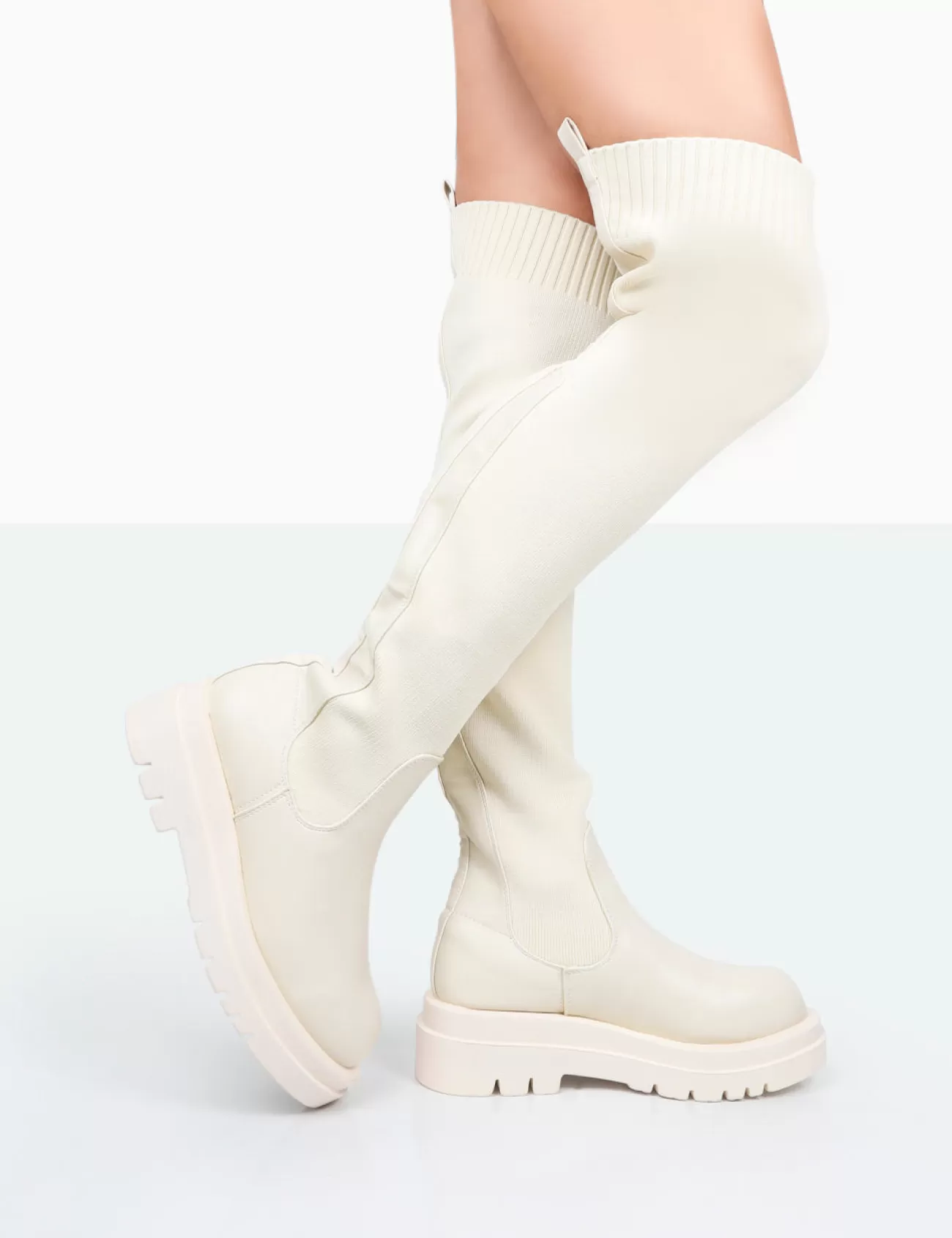 Public Desire New-Me Pu And Knit Over The Knee Chunky Sole Sock Fit Boots Ecru Hot