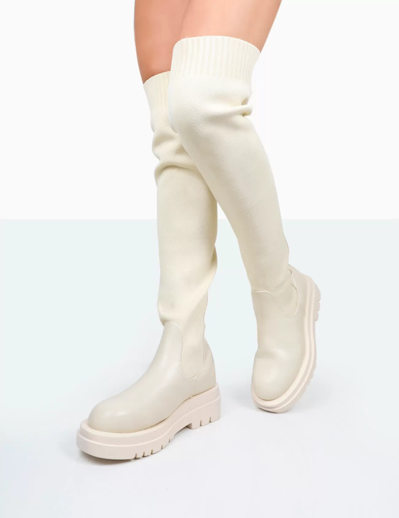 Public Desire New-Me Pu And Knit Over The Knee Chunky Sole Sock Fit Boots Ecru Hot