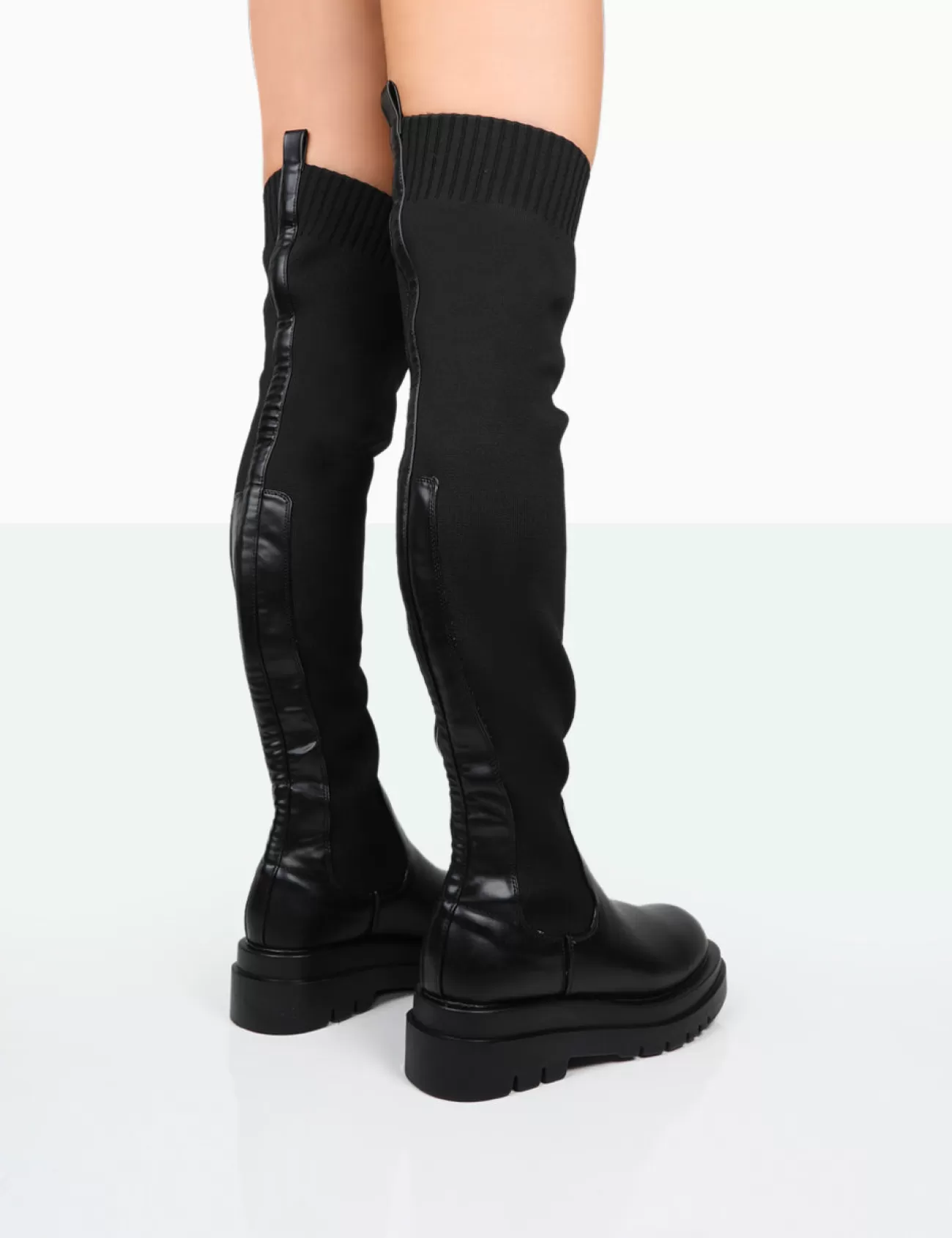 Public Desire New-Me Pu And Knit Over The Knee Chunky Sole Sock Fit Boots Black Shop