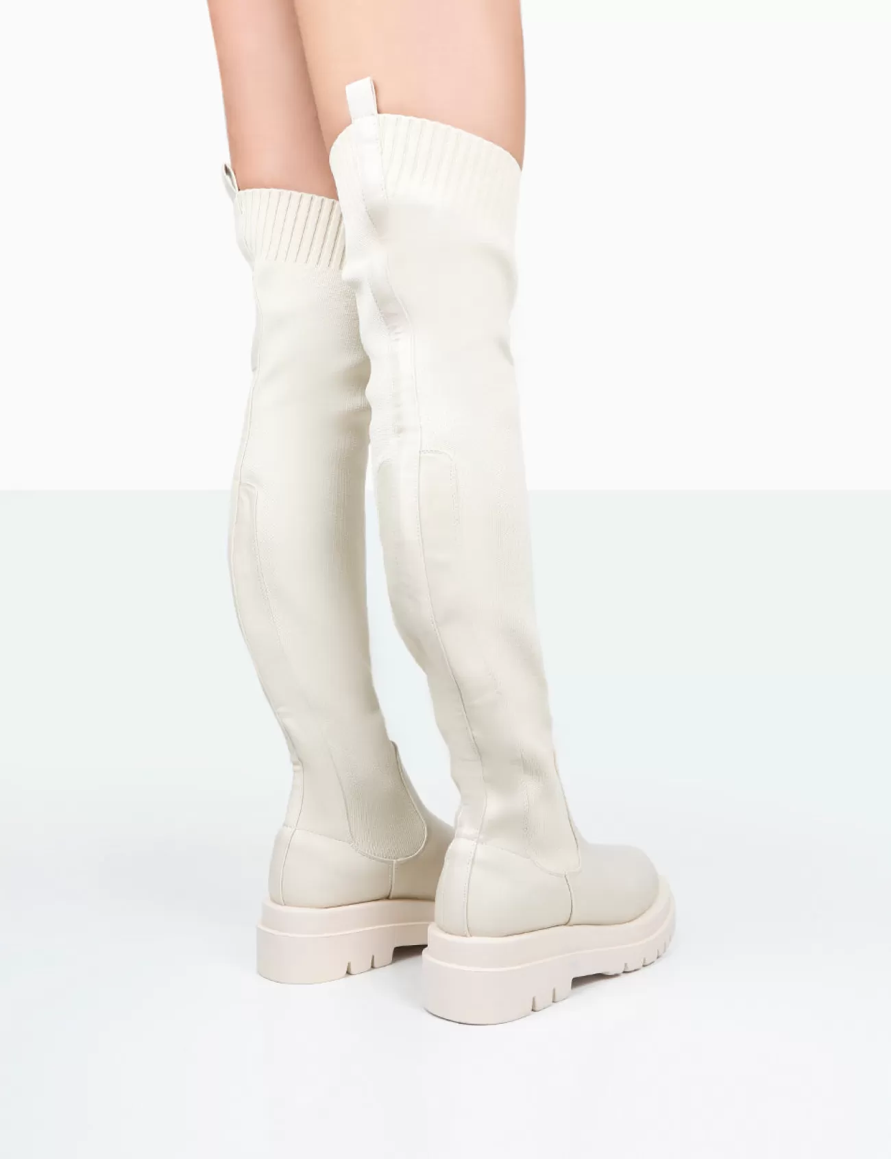Public Desire New-Me Pu And Knit Over The Knee Chunky Sole Sock Fit Boots Ecru Hot