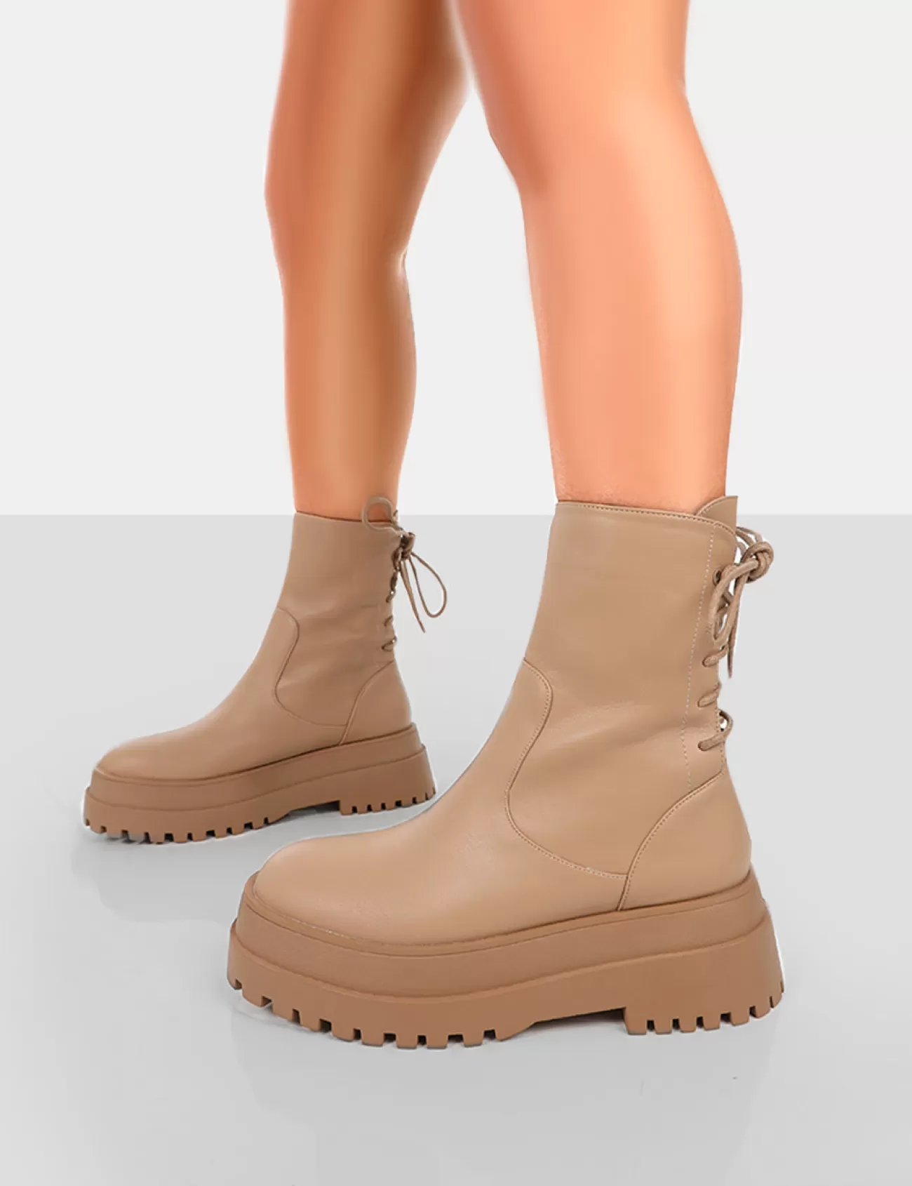 Public Desire Noelle Platform Chunky Sole Lace Up Detail Ankle Boots Camel Fashion