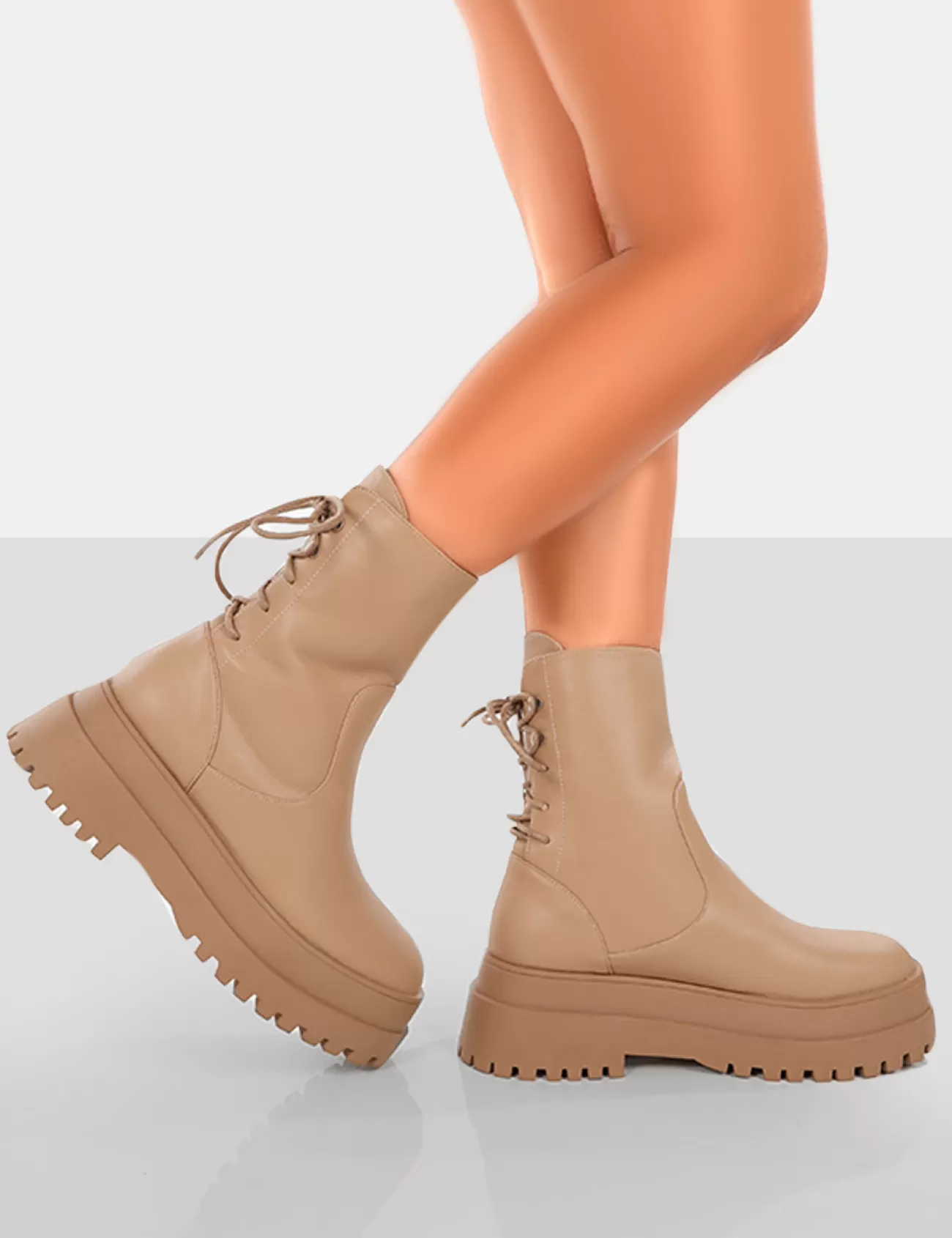 Public Desire Noelle Platform Chunky Sole Lace Up Detail Ankle Boots Camel Fashion