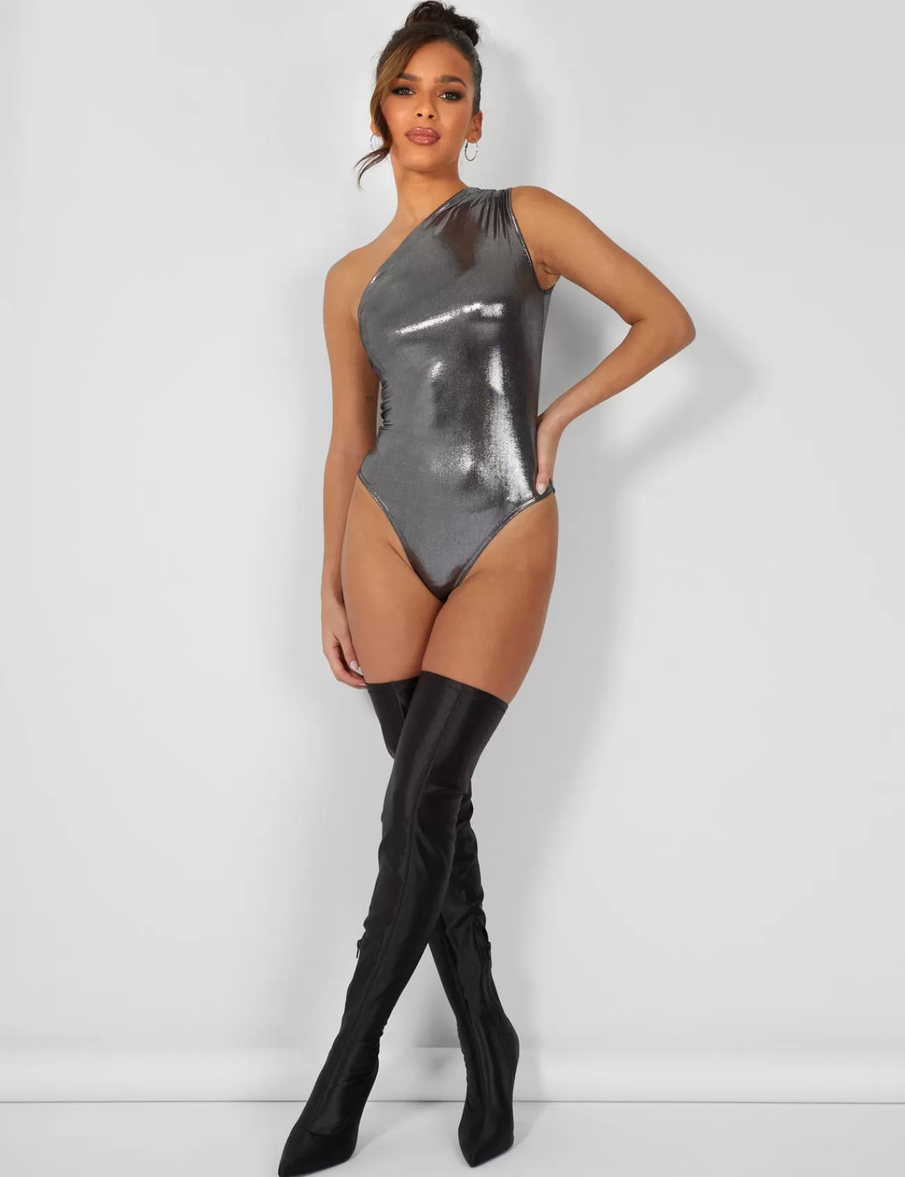 Public Desire One Shoulder Ruched Metallic Bodysuit Silver Fashion
