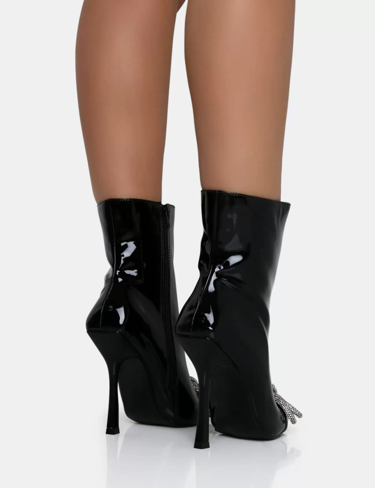 Public Desire Orla Patent Diamante Bow Pointed Toe Stiletto Ankle Boots Black Outlet