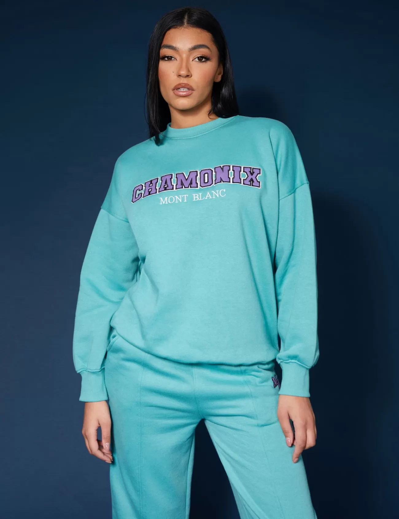 Public Desire Oversized Embroidered Slogan Sweatshirt Aqua Sale