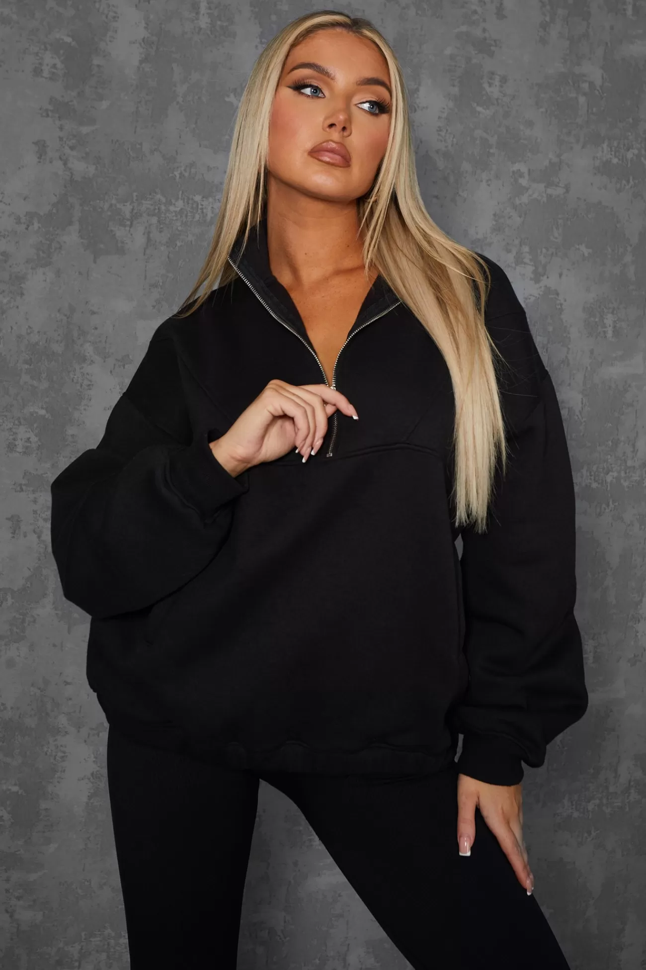 Public Desire Oversized Half Zip Pullover Pocket Front Sweatshirt Black New