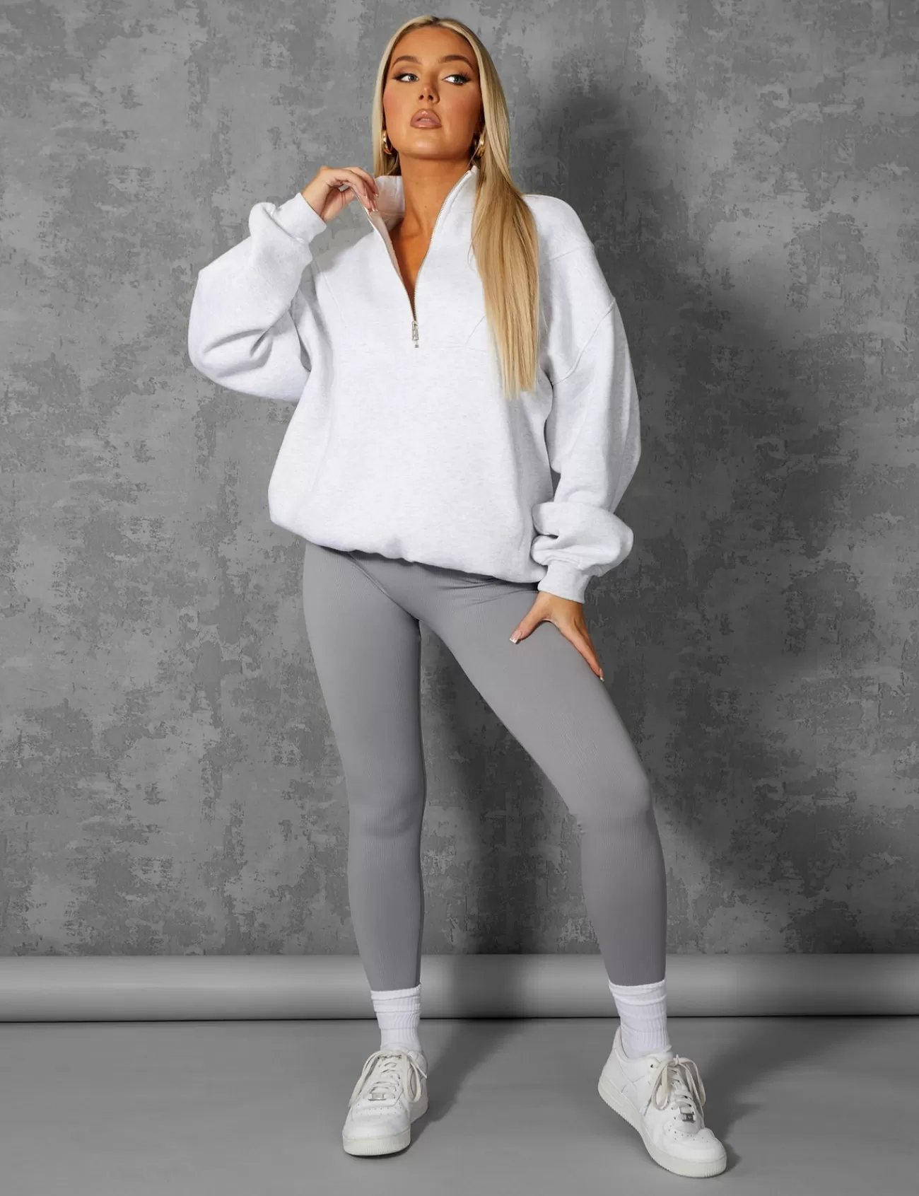 Public Desire Oversized Half Zip Pullover Pocket Front Sweatshirt Oatmeal Marl Grey Cheap