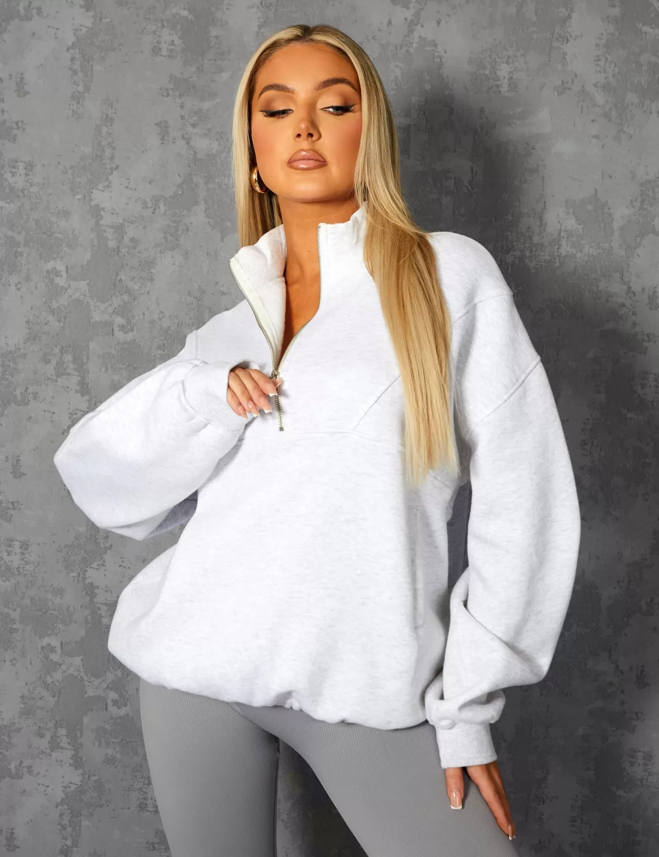 Public Desire Oversized Half Zip Pullover Pocket Front Sweatshirt Oatmeal Marl Grey Cheap