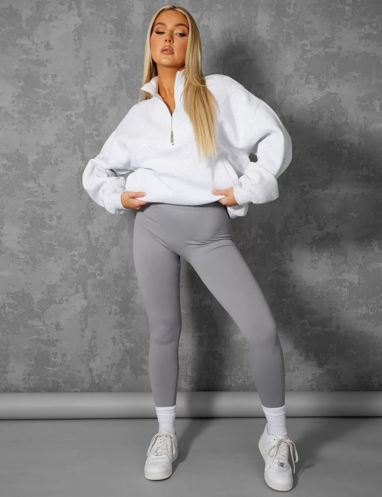 Public Desire Oversized Half Zip Pullover Pocket Front Sweatshirt Oatmeal Marl Grey Cheap