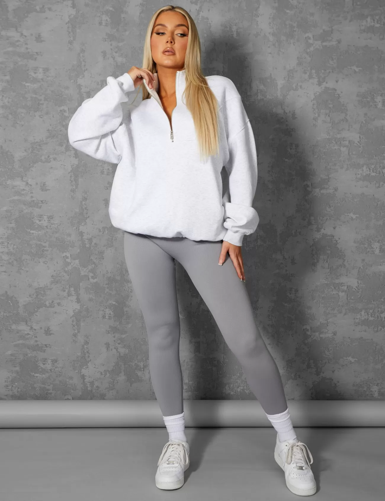 Public Desire Oversized Half Zip Pullover Pocket Front Sweatshirt Oatmeal Marl Grey Cheap