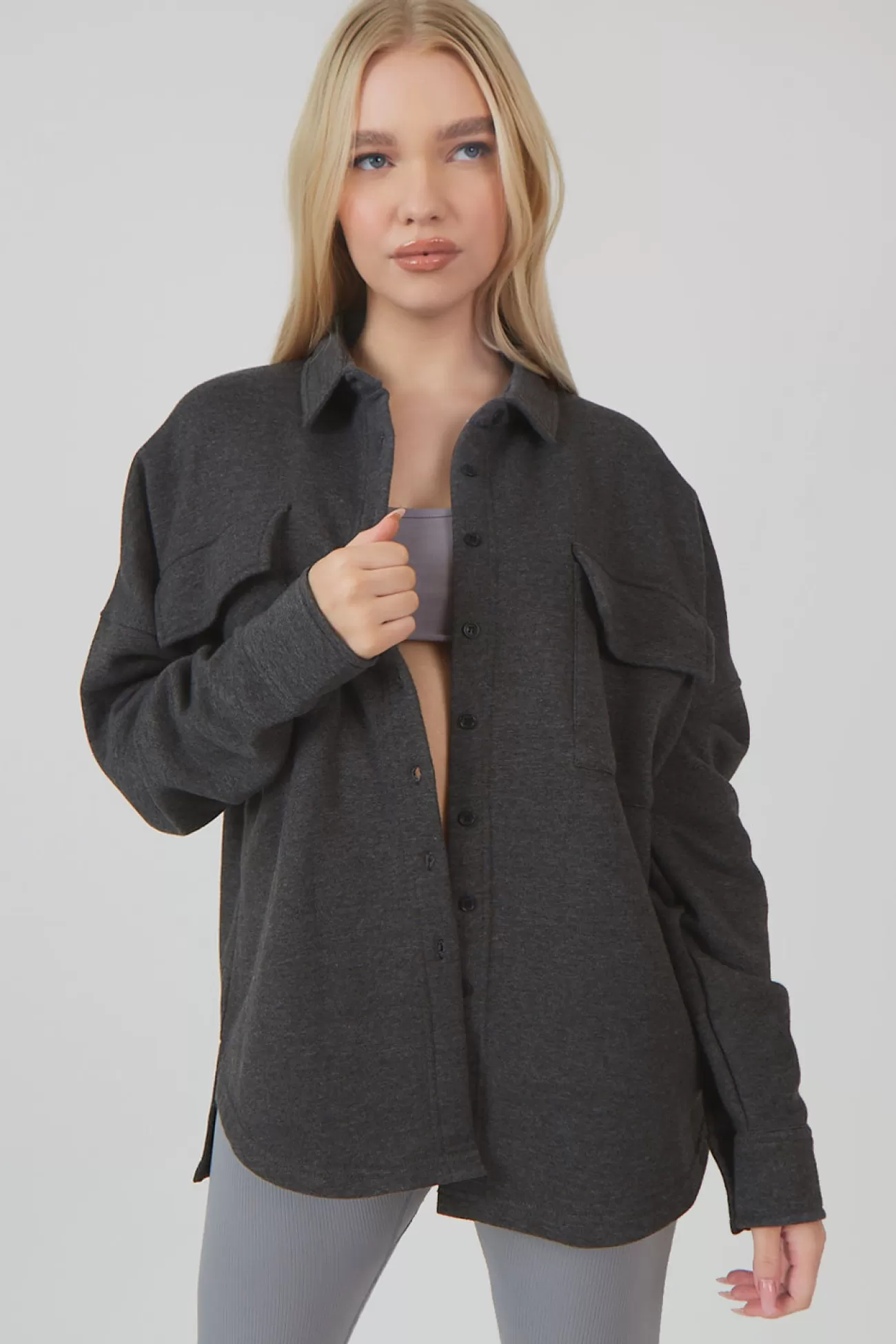 Public Desire Oversized Pocket Front Shacket Acid Wash Grey Fashion