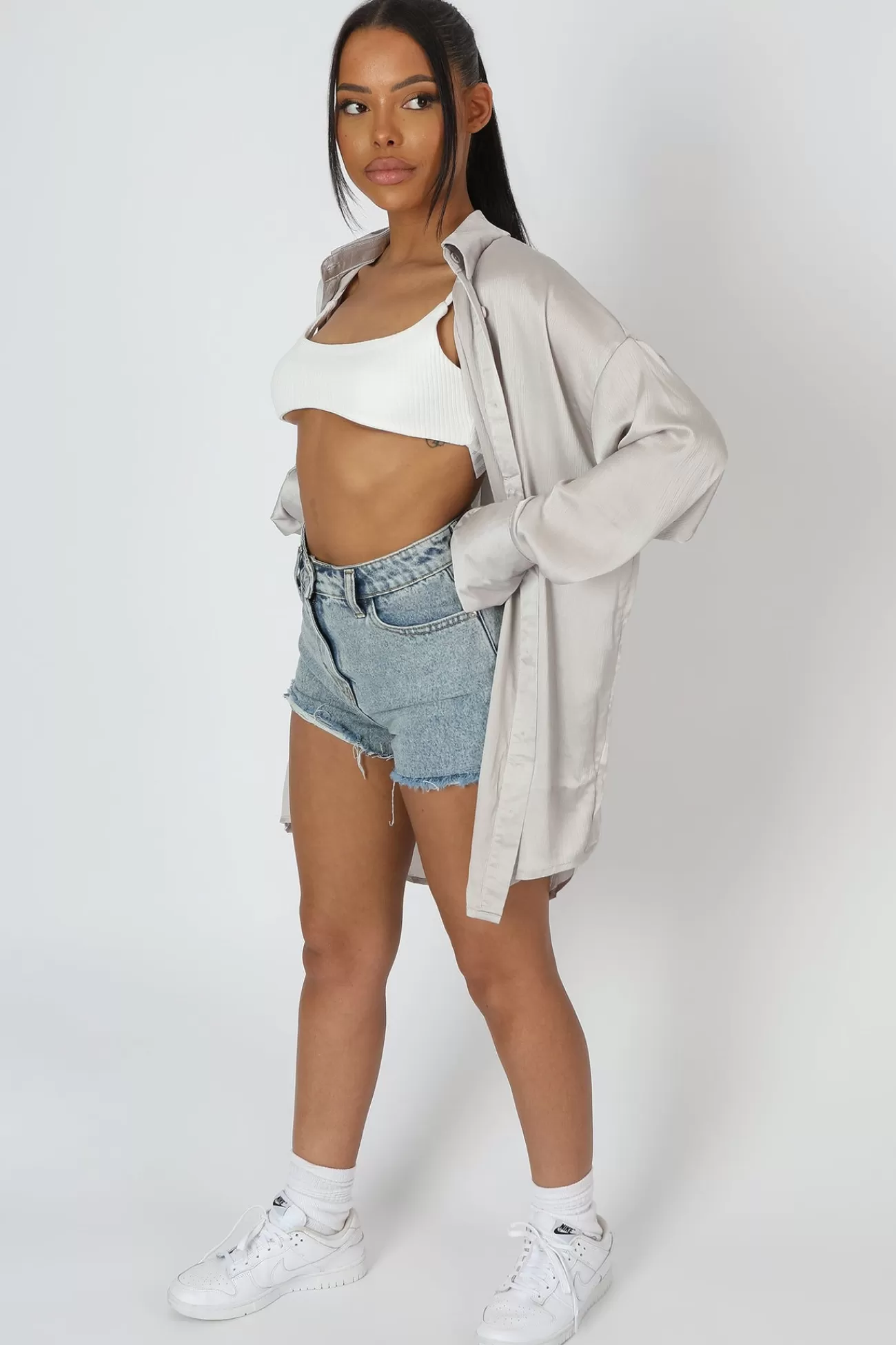Public Desire Oversized Satin Shirt Silver Hot