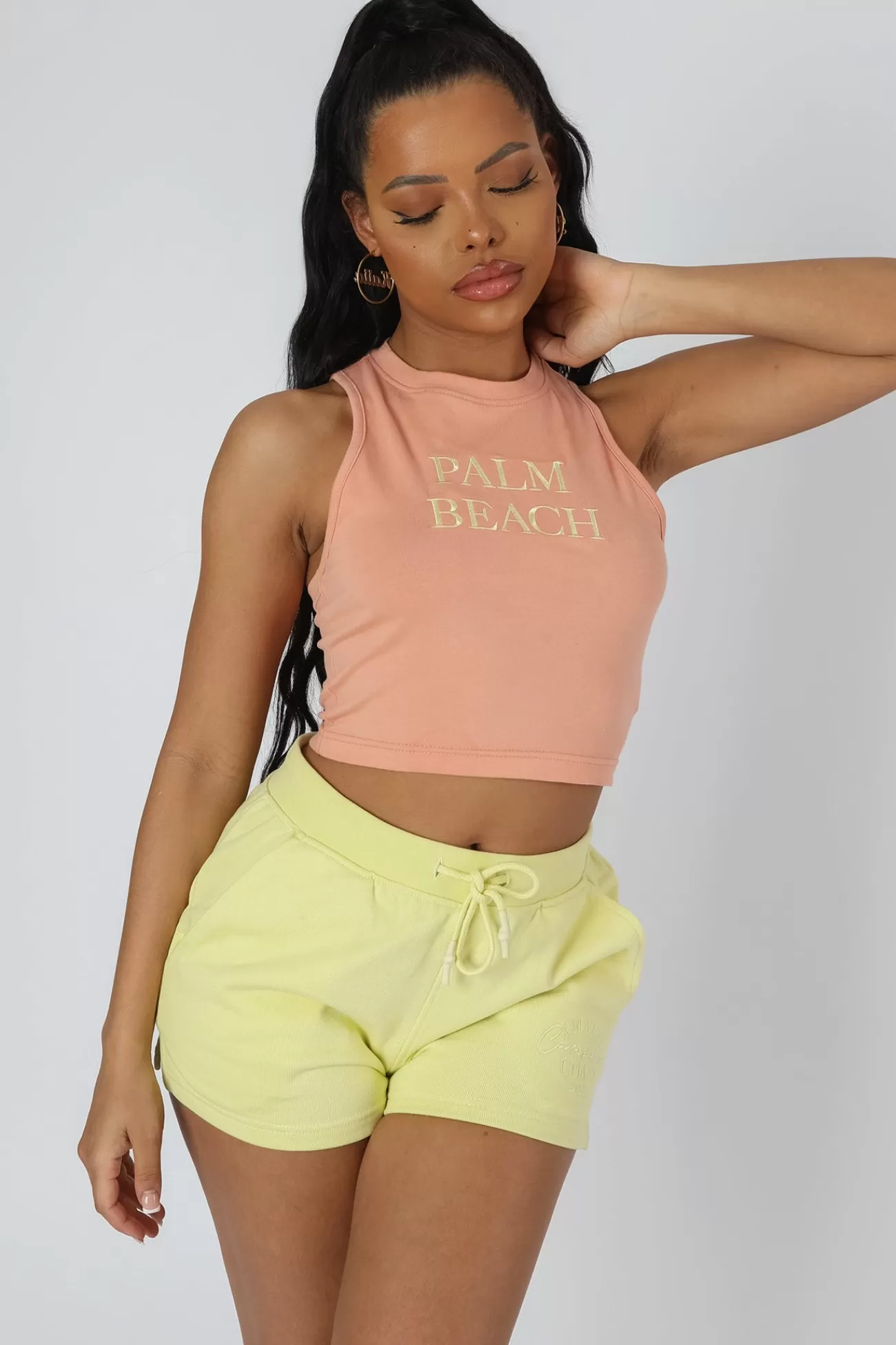 Public Desire Palm Beach Embroidered Racer Crop Top Peach Clearance