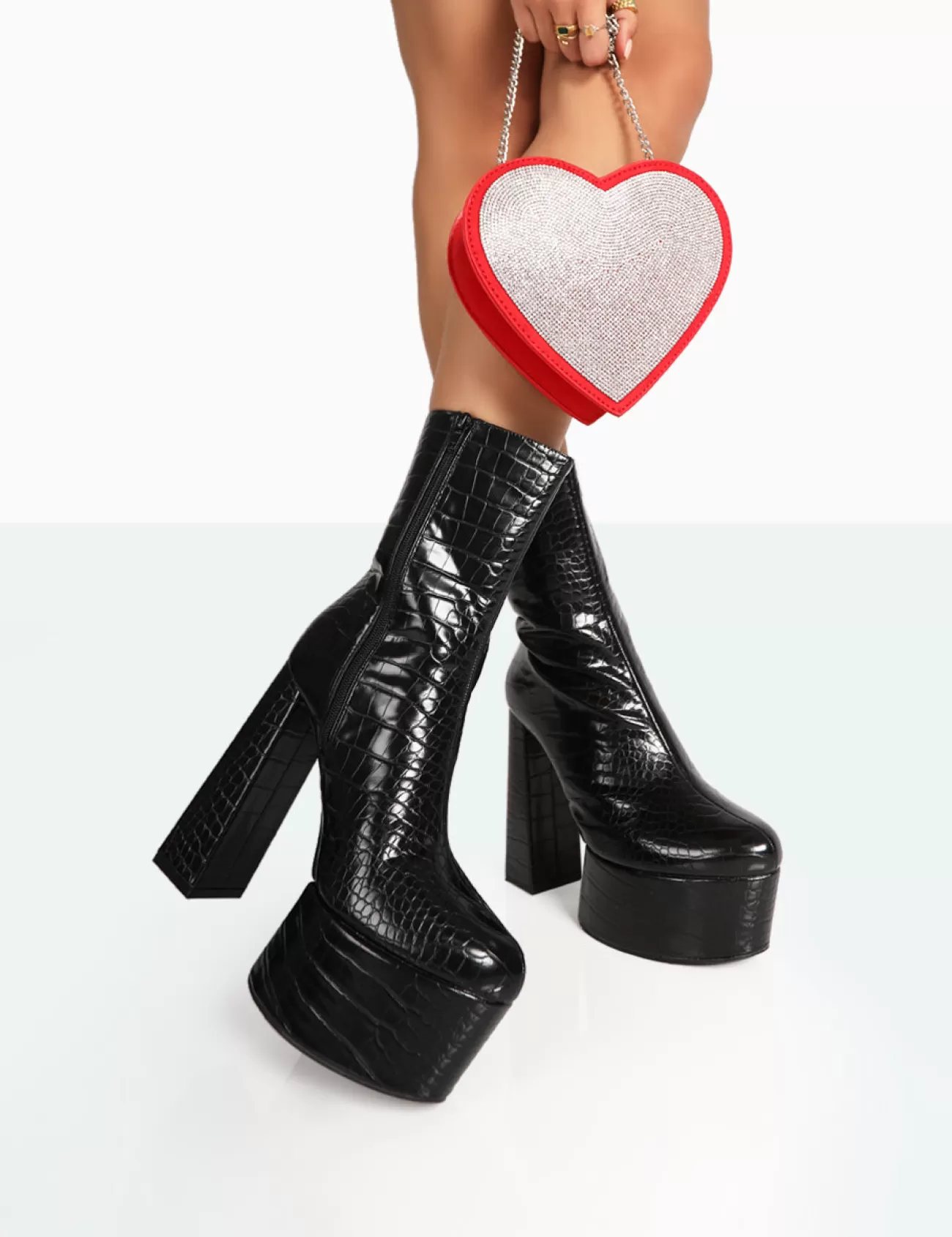 Public Desire Parker Patent Croc Platform Rounded Pointed Toe Block Heeled Ankle Boots Black Best