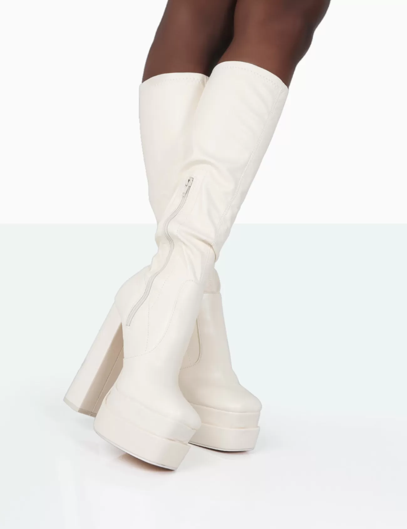 Public Desire Passive Pu Square Toe Platform Block High Heel Over The Knee Boots Ecru Outlet