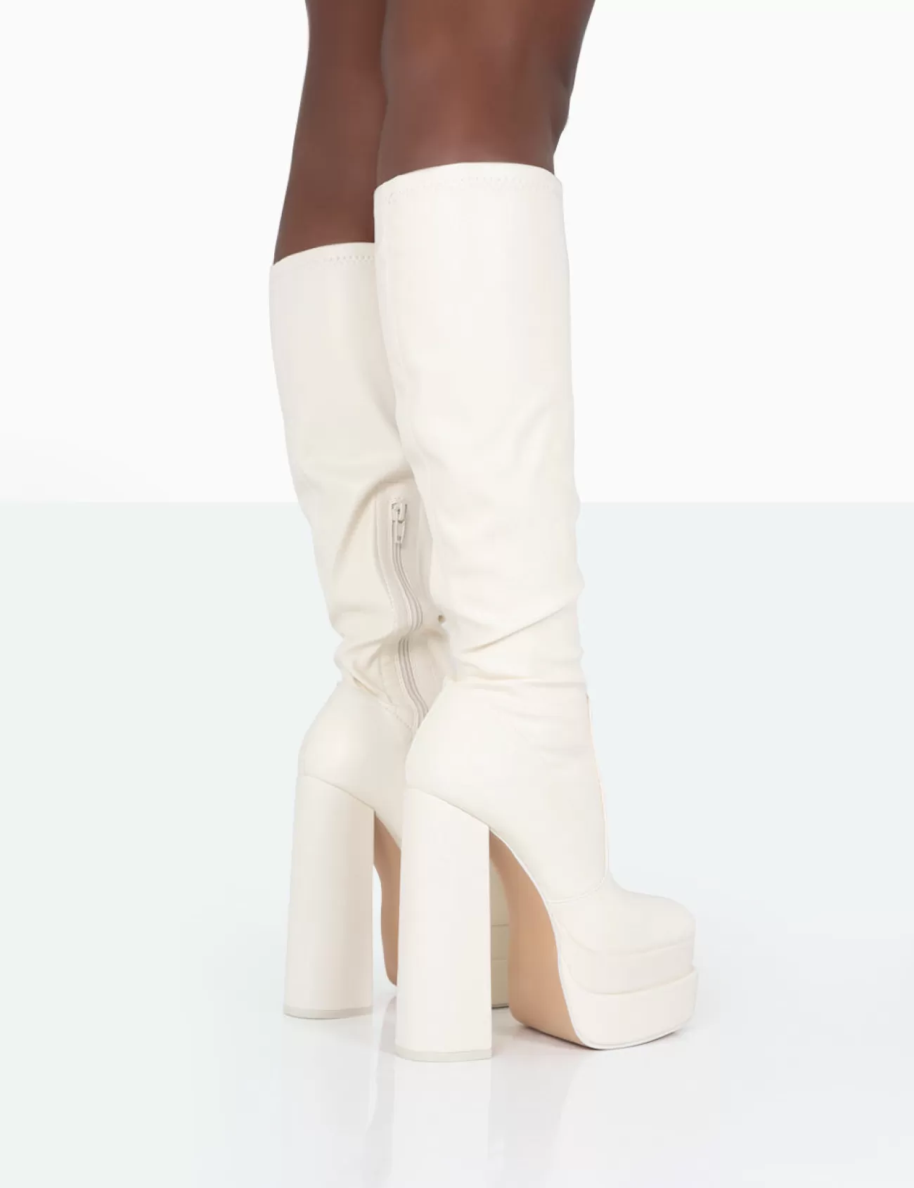 Public Desire Passive Pu Square Toe Platform Block High Heel Over The Knee Boots Ecru Outlet