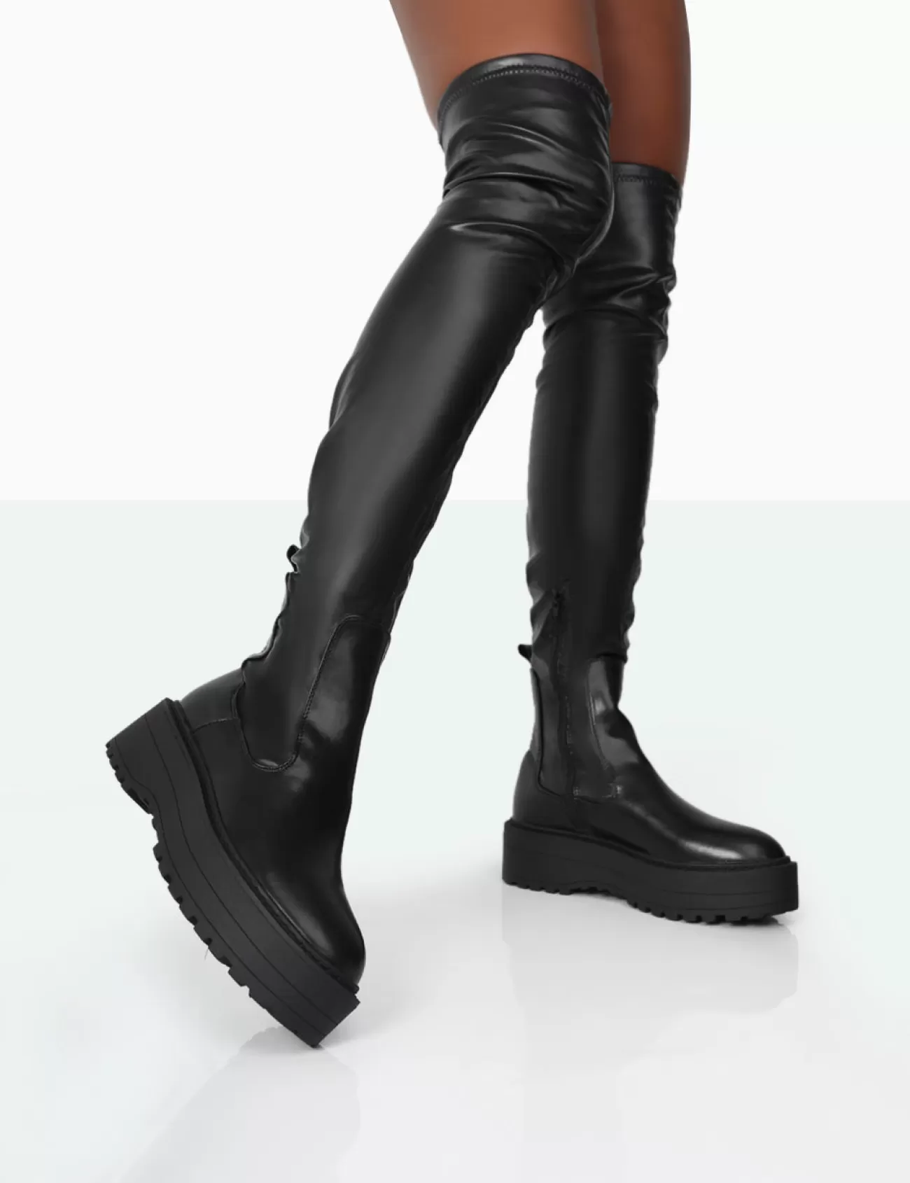 Public Desire Pheonixe Pu Chunky Sole Round Toe Over The Knee Boots Black Best
