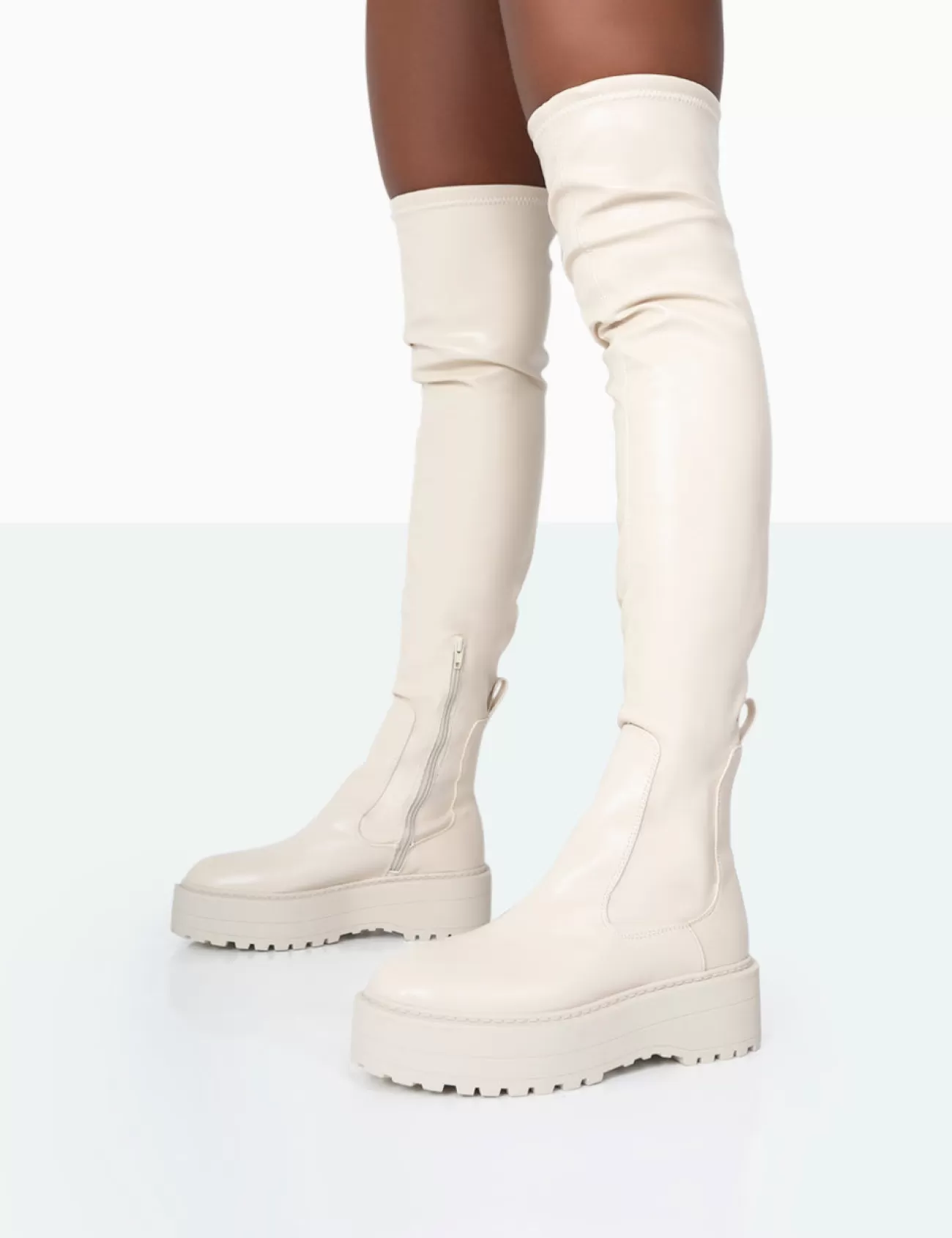 Public Desire Pheonixe Pu Chunky Sole Round Toe Over The Knee Boots Ecru Sale