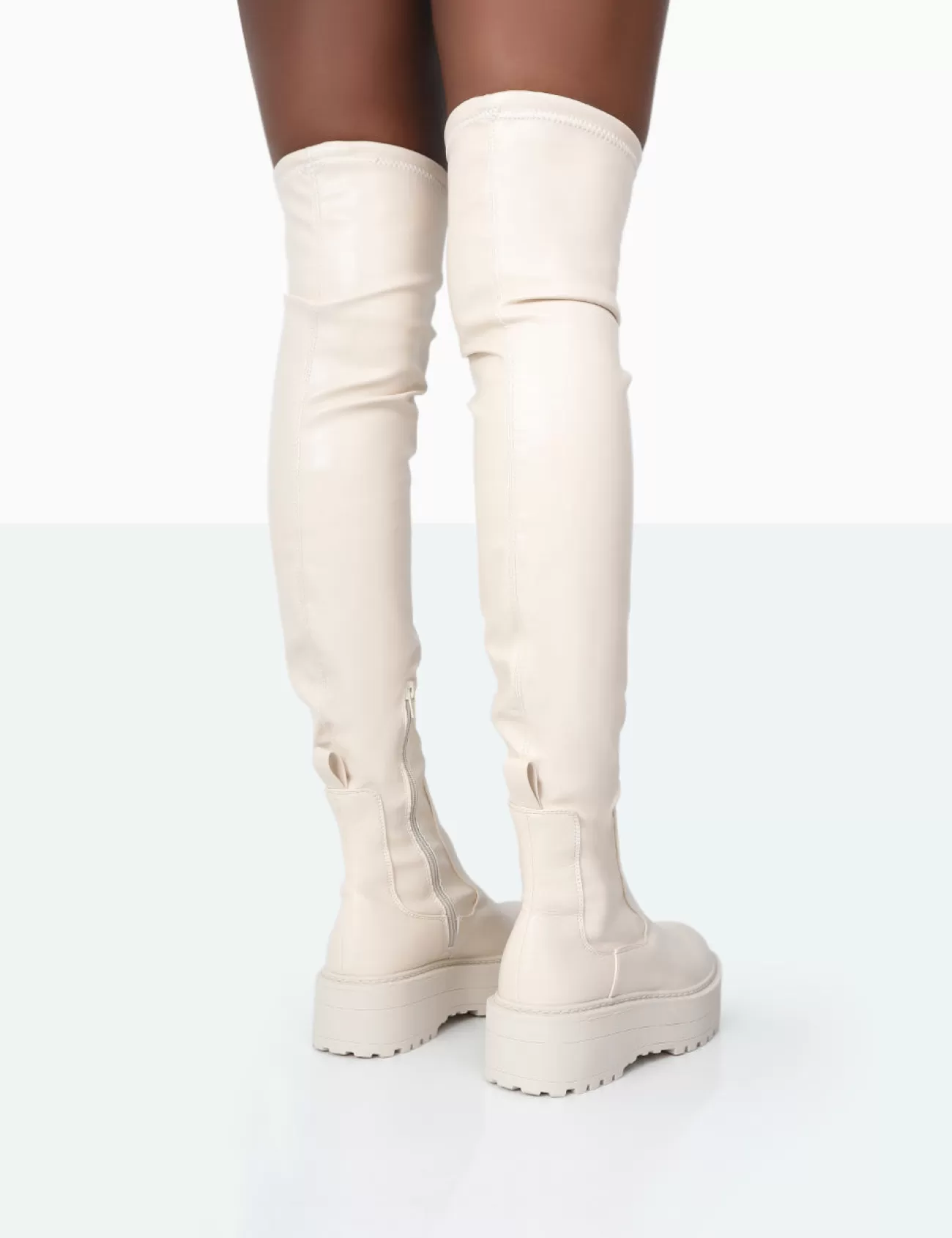 Public Desire Pheonixe Pu Chunky Sole Round Toe Over The Knee Boots Ecru Sale