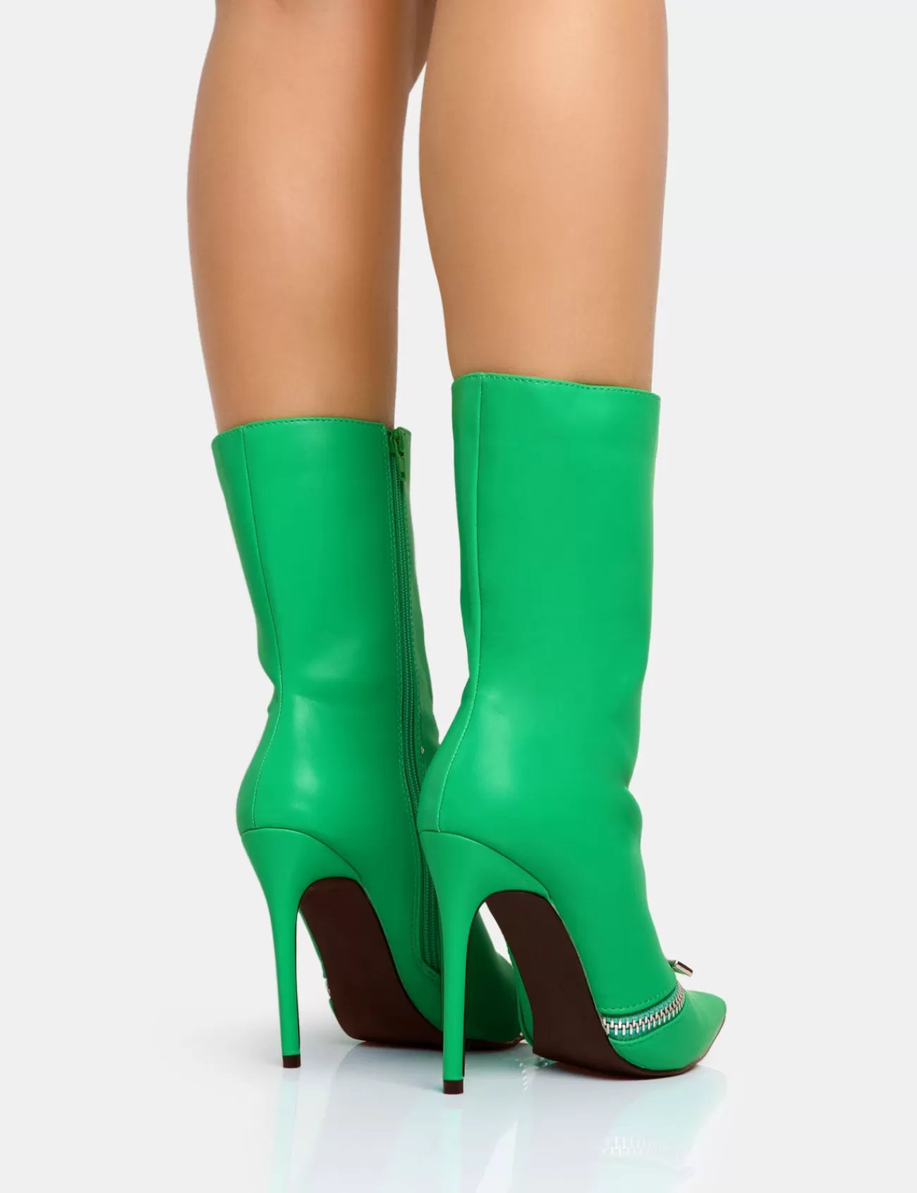 Public Desire Pitstop Green Pu Zip Detail Pointed Toe Stiletto Heel Ankle Boots Black Outlet