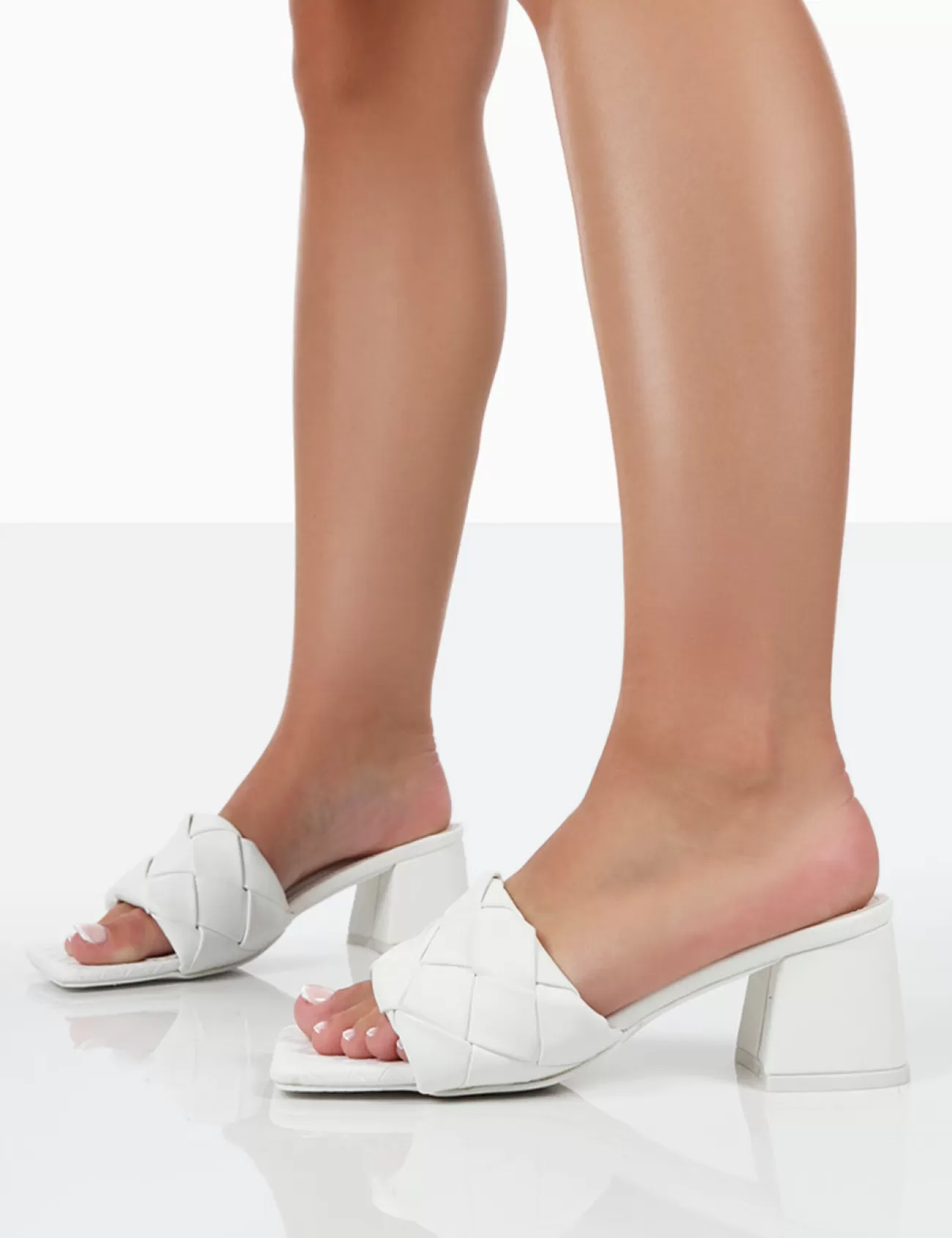Public Desire Play Nice Pu Woven Square Toe Block Mid Heeled Sandals White Fashion