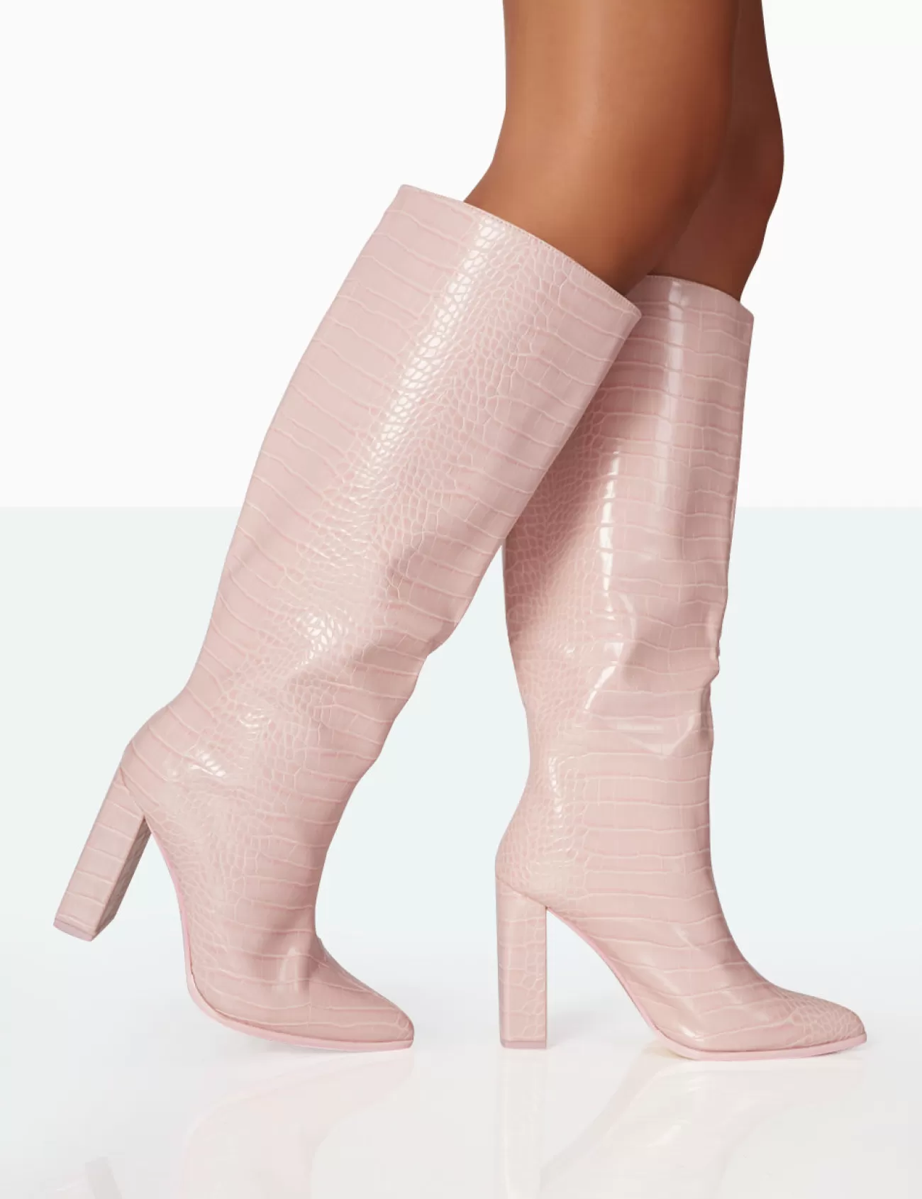Public Desire Posie Baby Croc Pu Knee High Block Heel Boots Pink Store