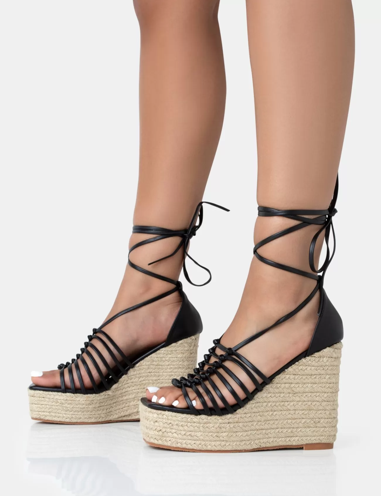 Public Desire Reece Pu Knot Strap Lace Up Raffia Wedge Heels Black Clearance