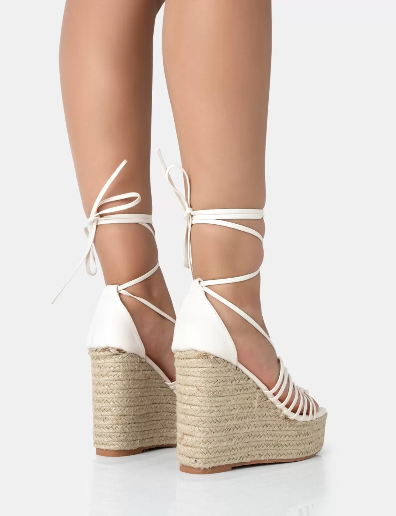 Public Desire Reece Wide Fit Pu Knot Strap Lace Up Raffia Wedge Heels Ecru Shop