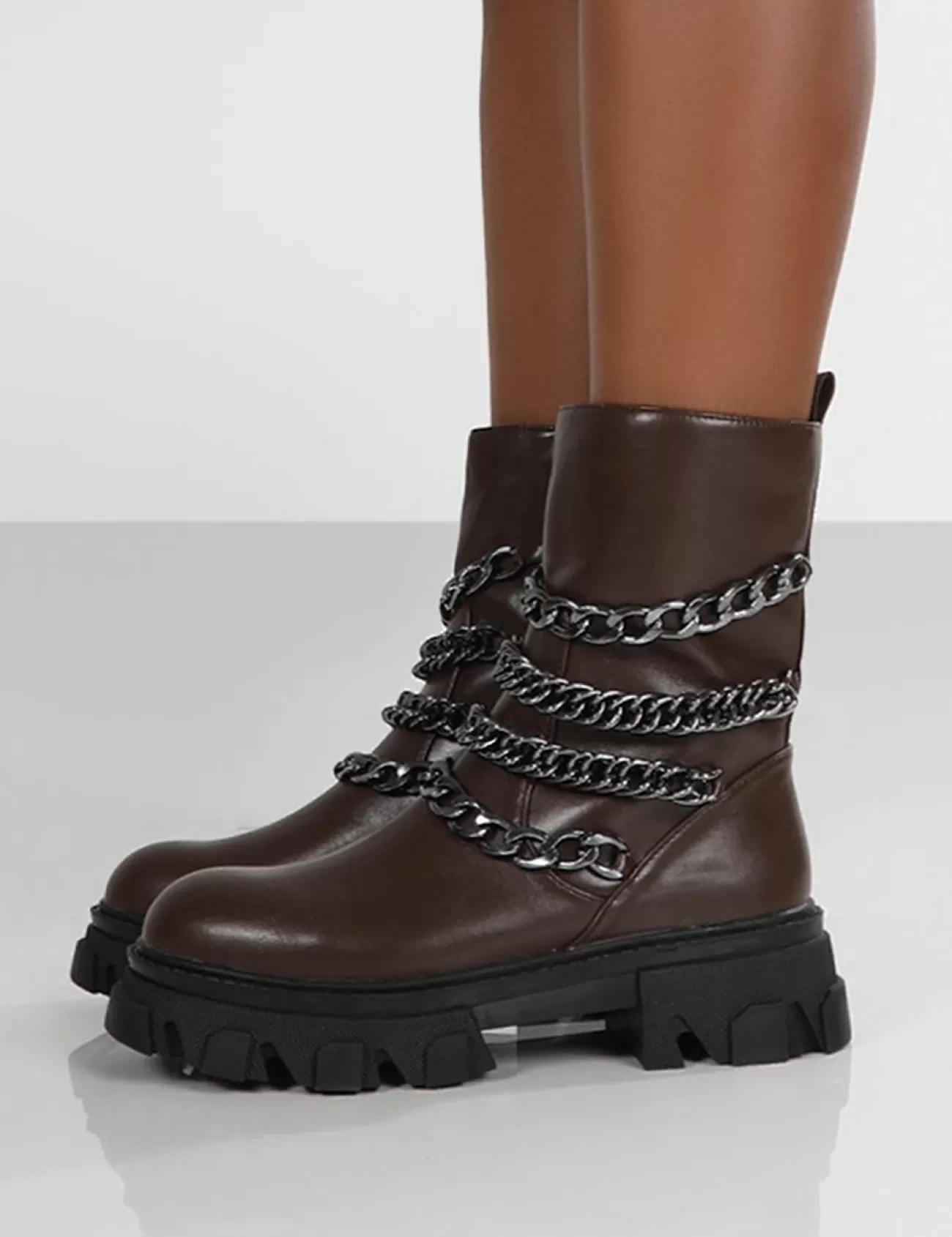 Public Desire Restrain Chocolate Pu Chain Detail Platform Chunky Sole Ankle Boot Brown Online