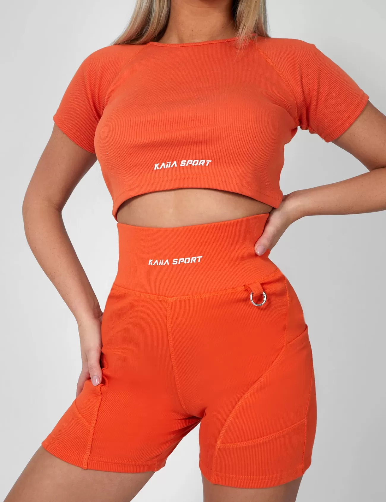 Public Desire Ribbed Cropped Kaiia Sport T-Shirt Sunset Orange Sale