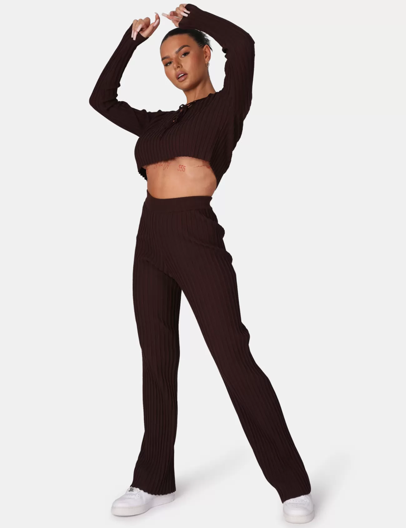 Public Desire Ribbed Knitted Wide Leg Trousers Chocolate Cheap