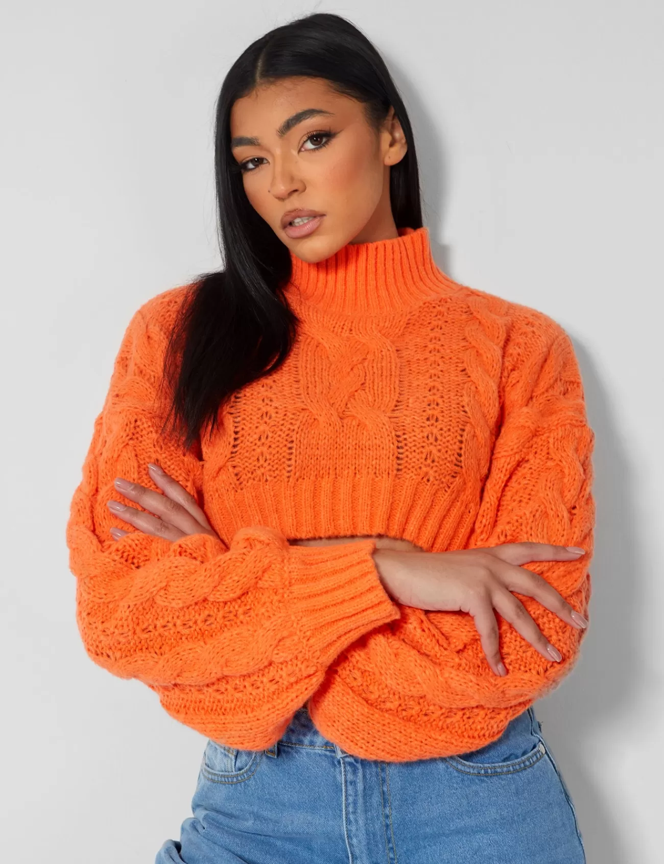 Public Desire Roll Neck Cropped Cable Knitted Jumper Orange New