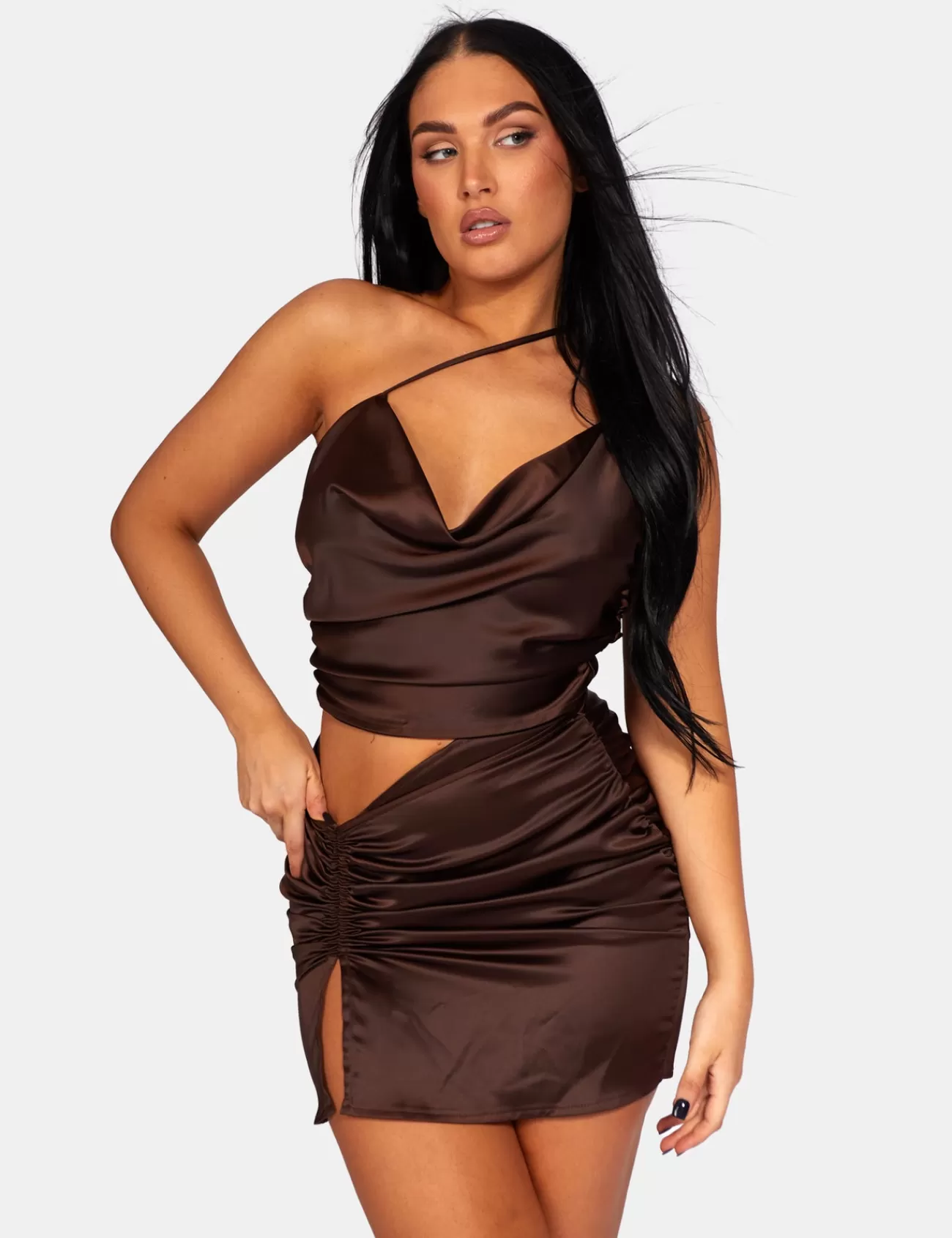 Public Desire Ruched Side Strappy Waist Satin Dress Dark Chocolate Fashion
