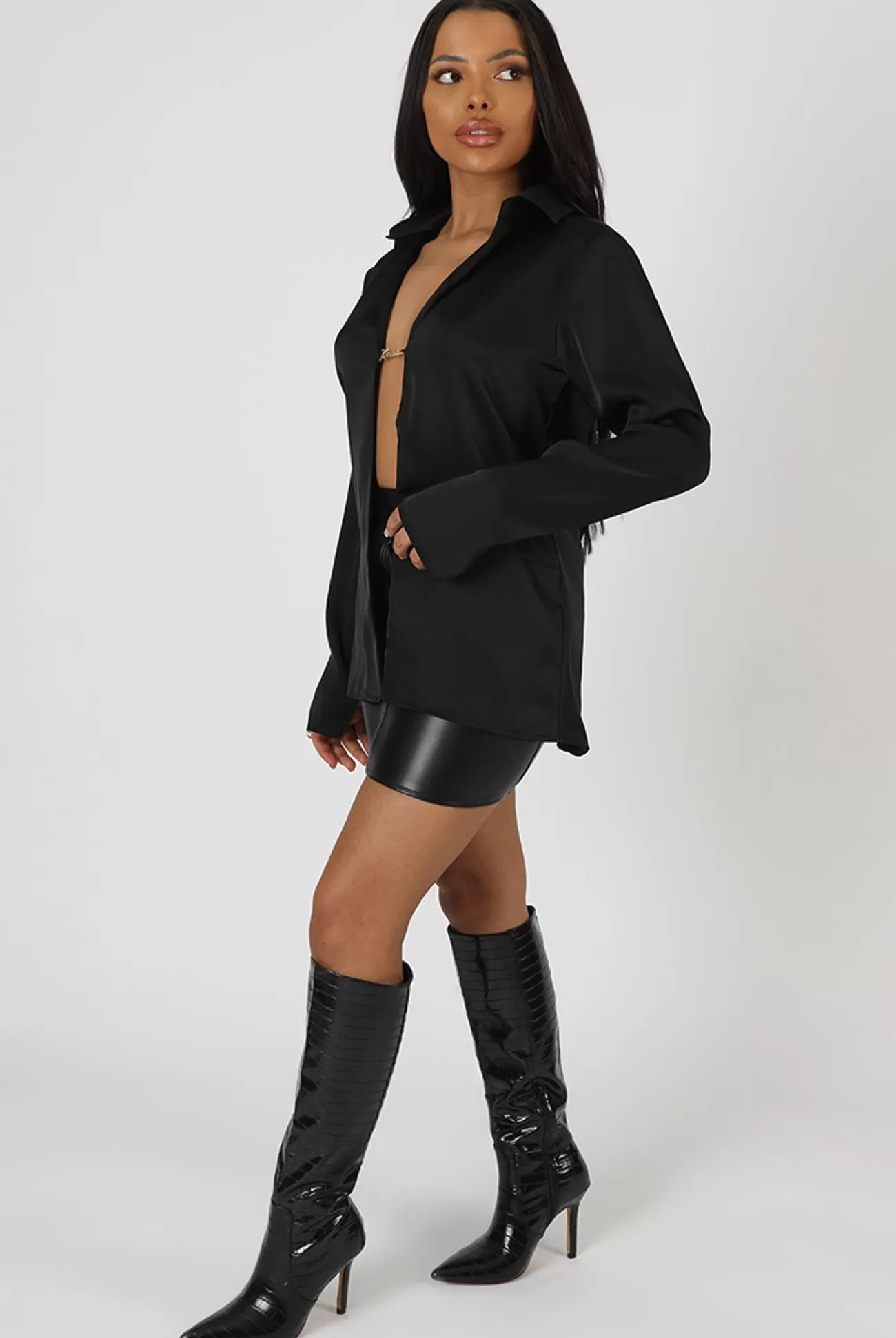 Public Desire Satin Pin Detail Shirt Black Best Sale
