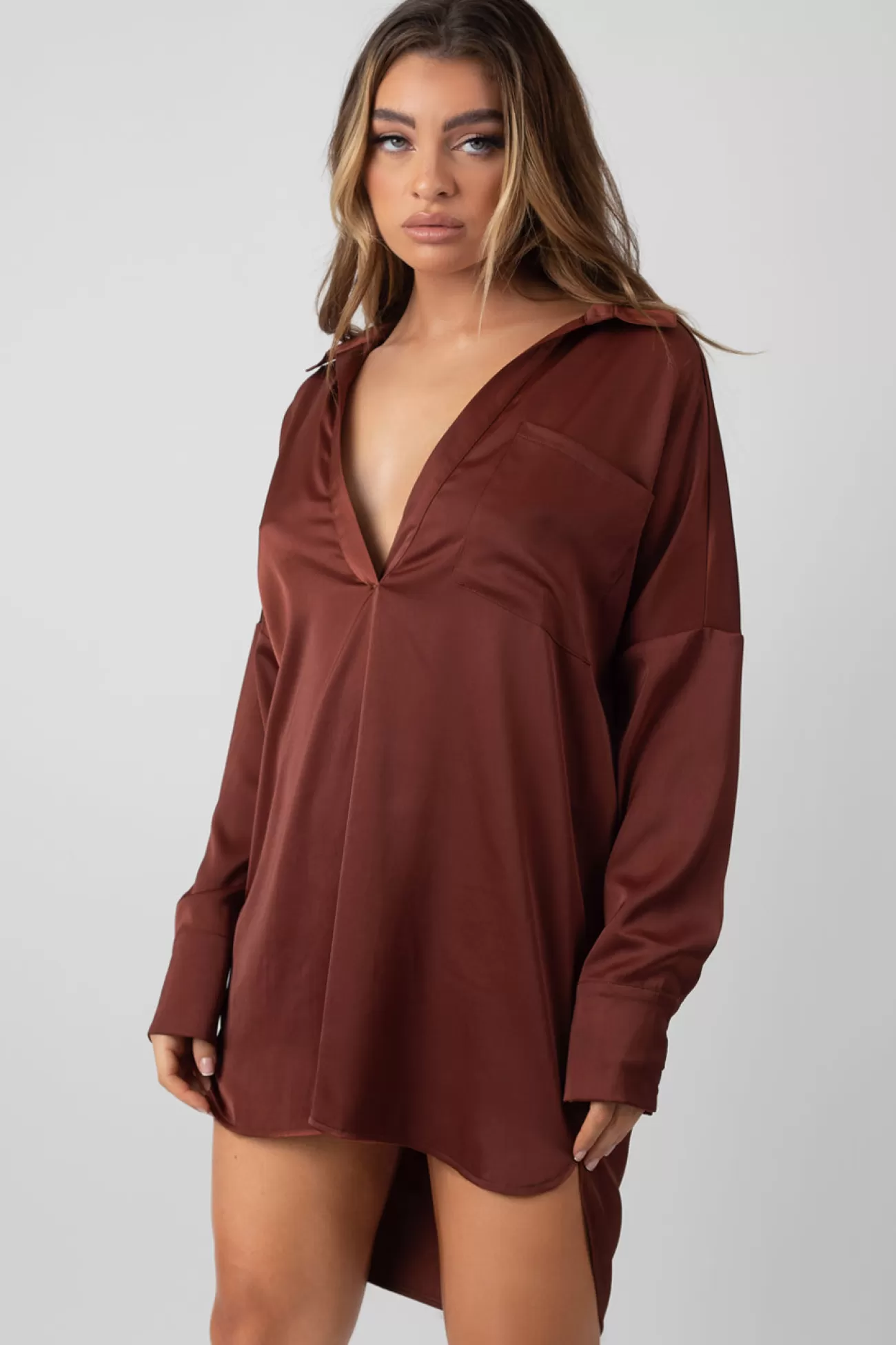 Public Desire Satin Shirt Dress Chocolate Cheap