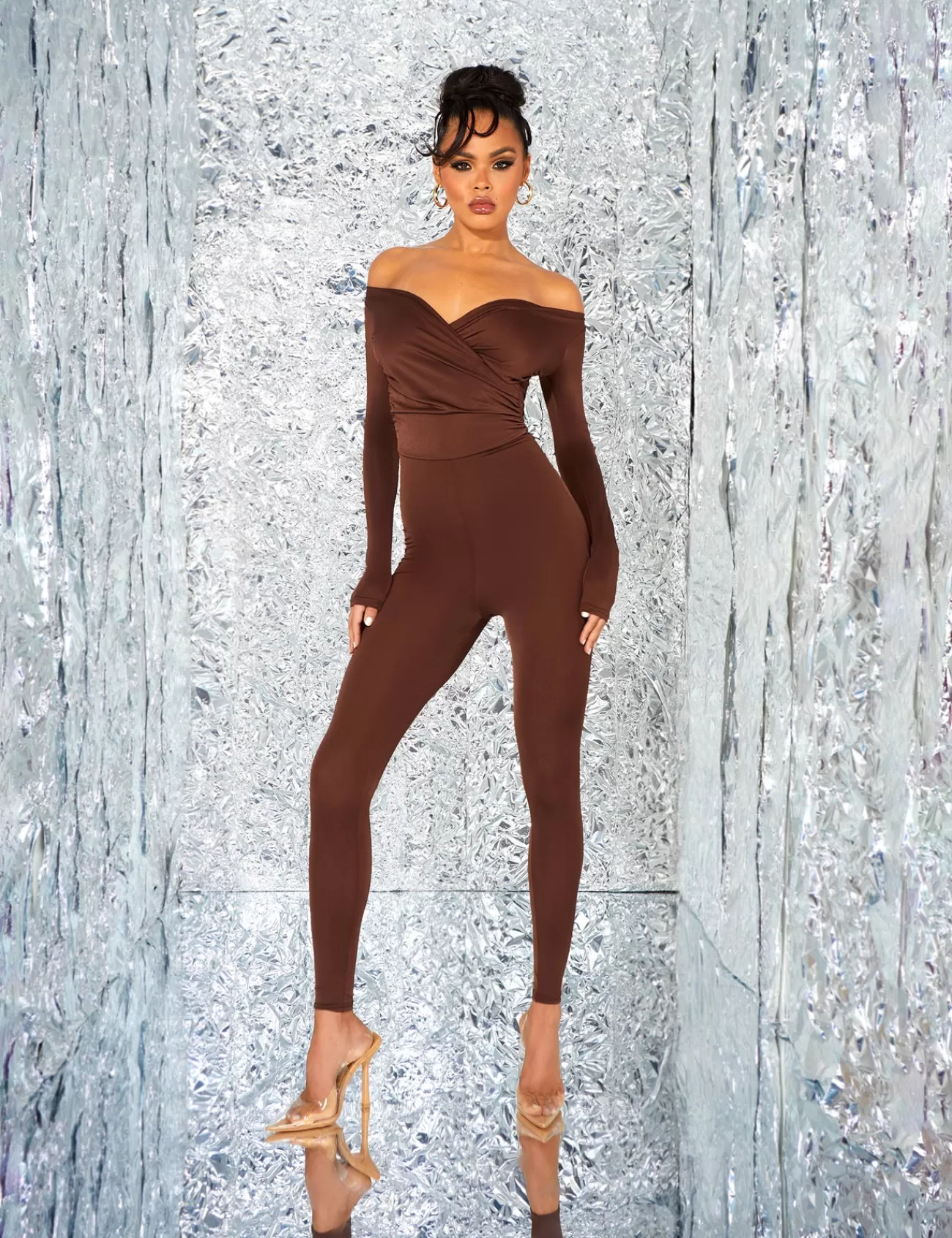 Public Desire Second Skin Off Shoulder Ruched Unitard Jumpsuit Brown Online