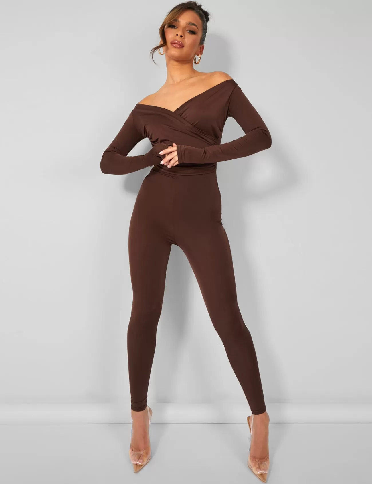 Public Desire Second Skin Off Shoulder Ruched Unitard Jumpsuit Brown Online