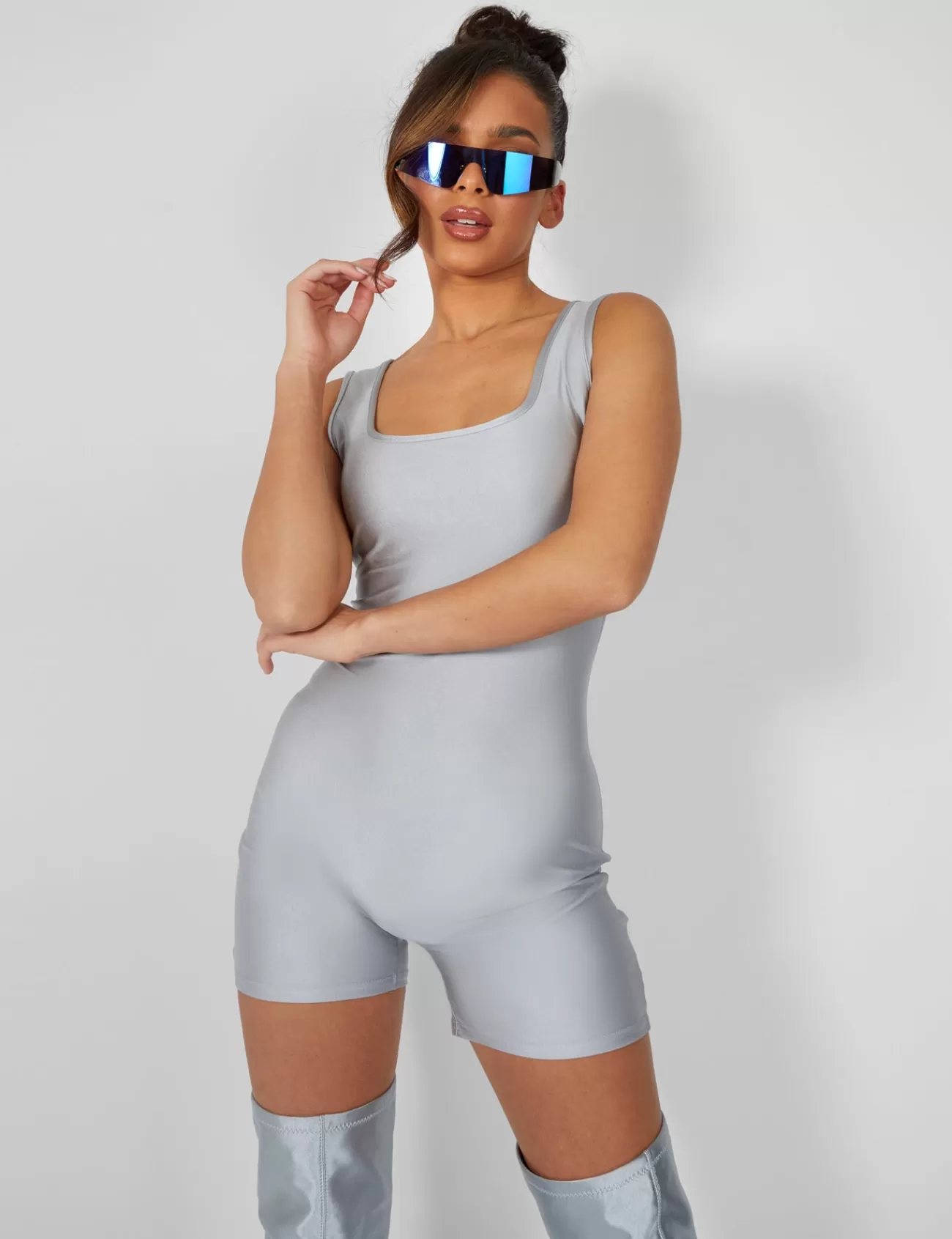 Public Desire Second Skin Square Neck Unitard Grey Sale