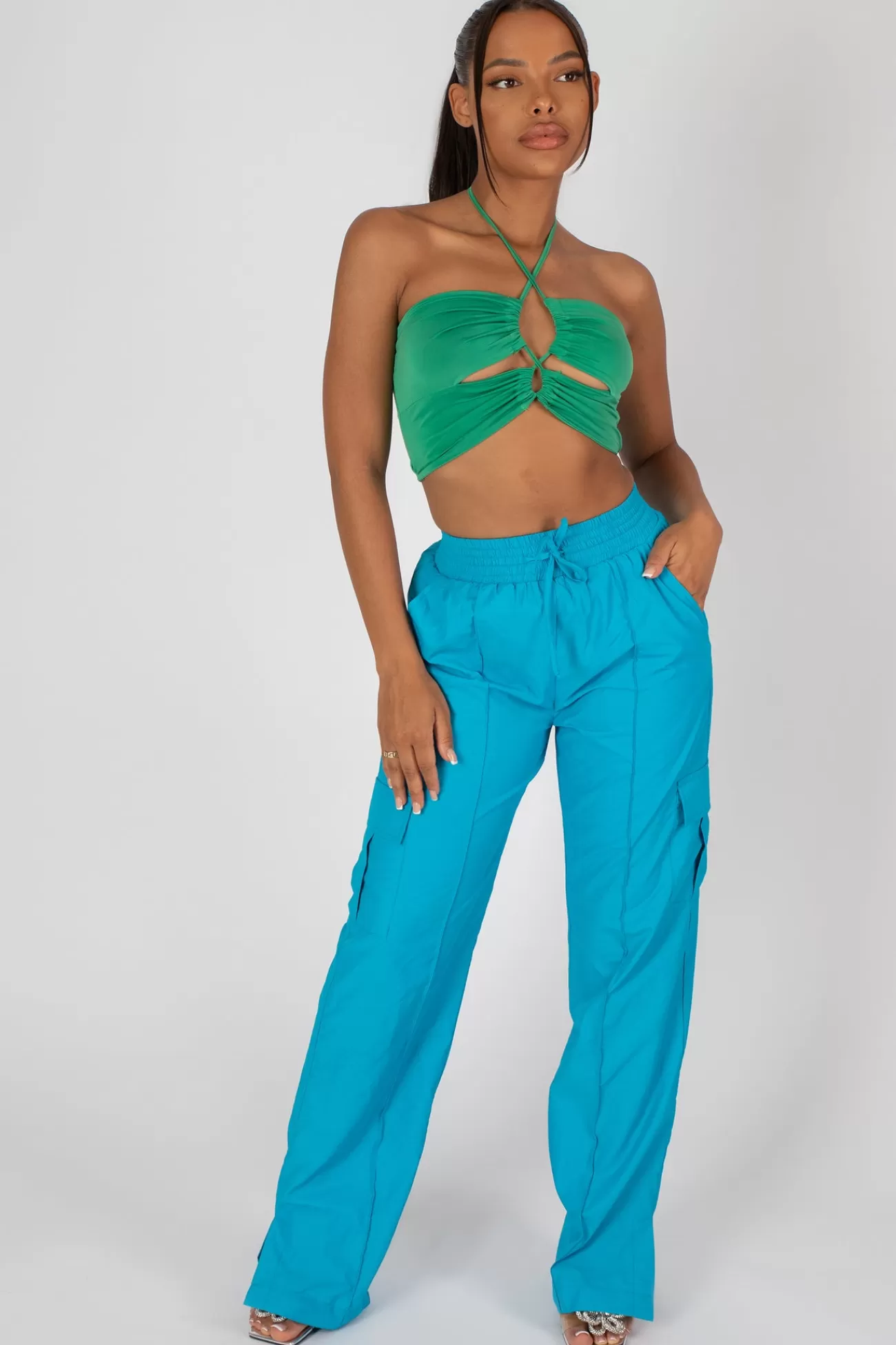 Public Desire Slinky Loop Ruching Crop Top Green Sale