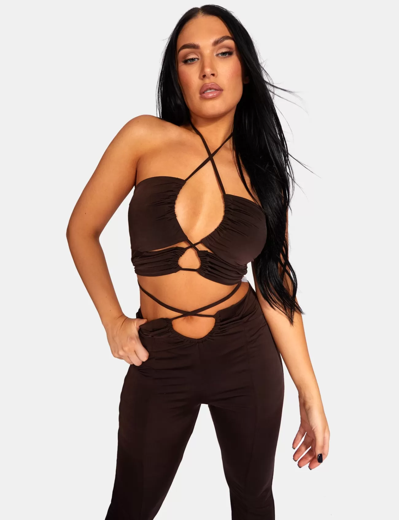 Public Desire Slinky Loop Ruching Crop Top Chocolate New