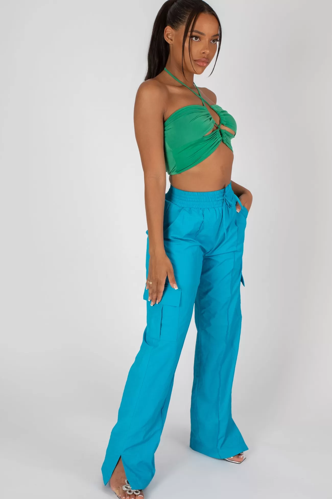 Public Desire Slinky Loop Ruching Crop Top Green Sale