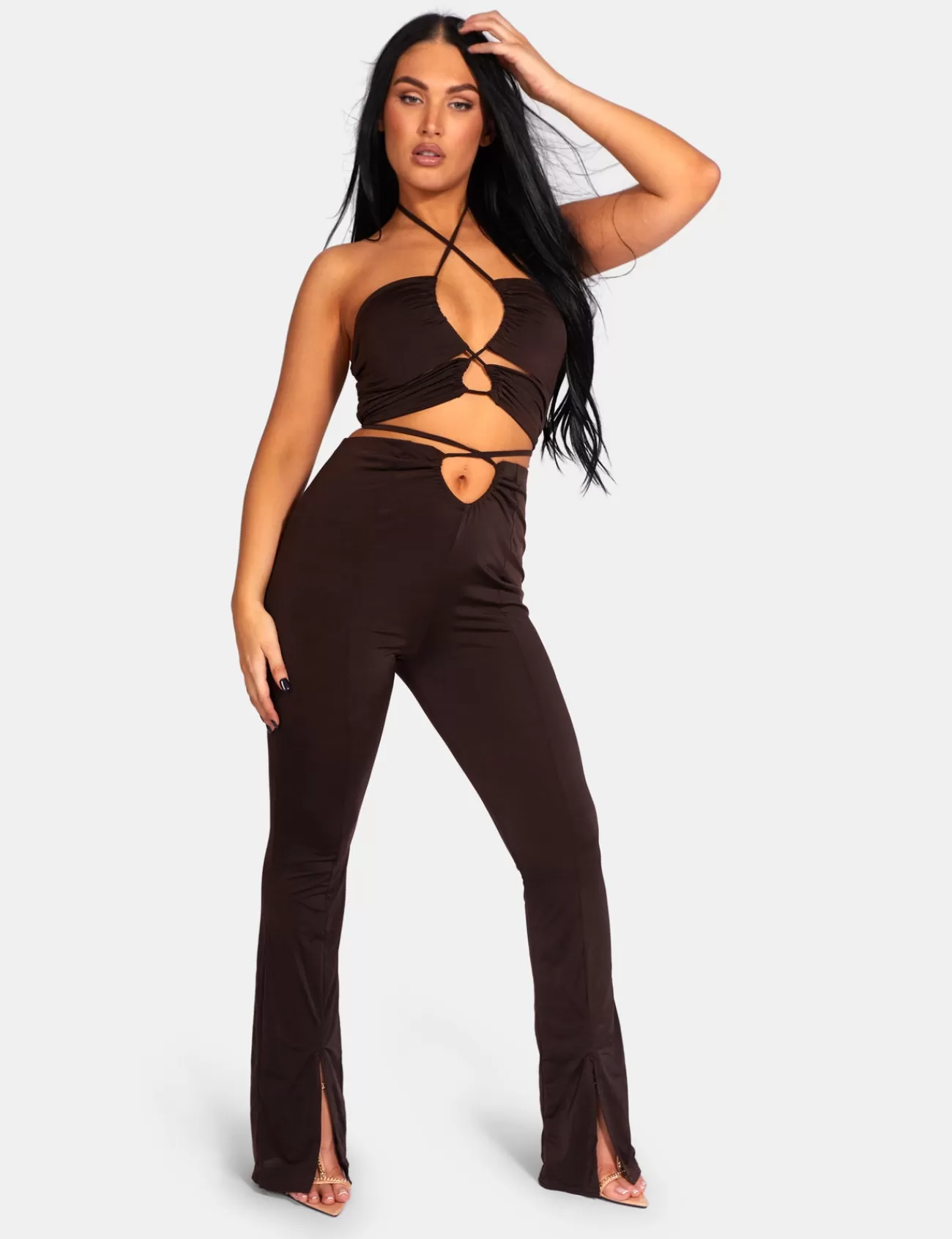 Public Desire Slinky Loop Ruching Crop Top Chocolate New