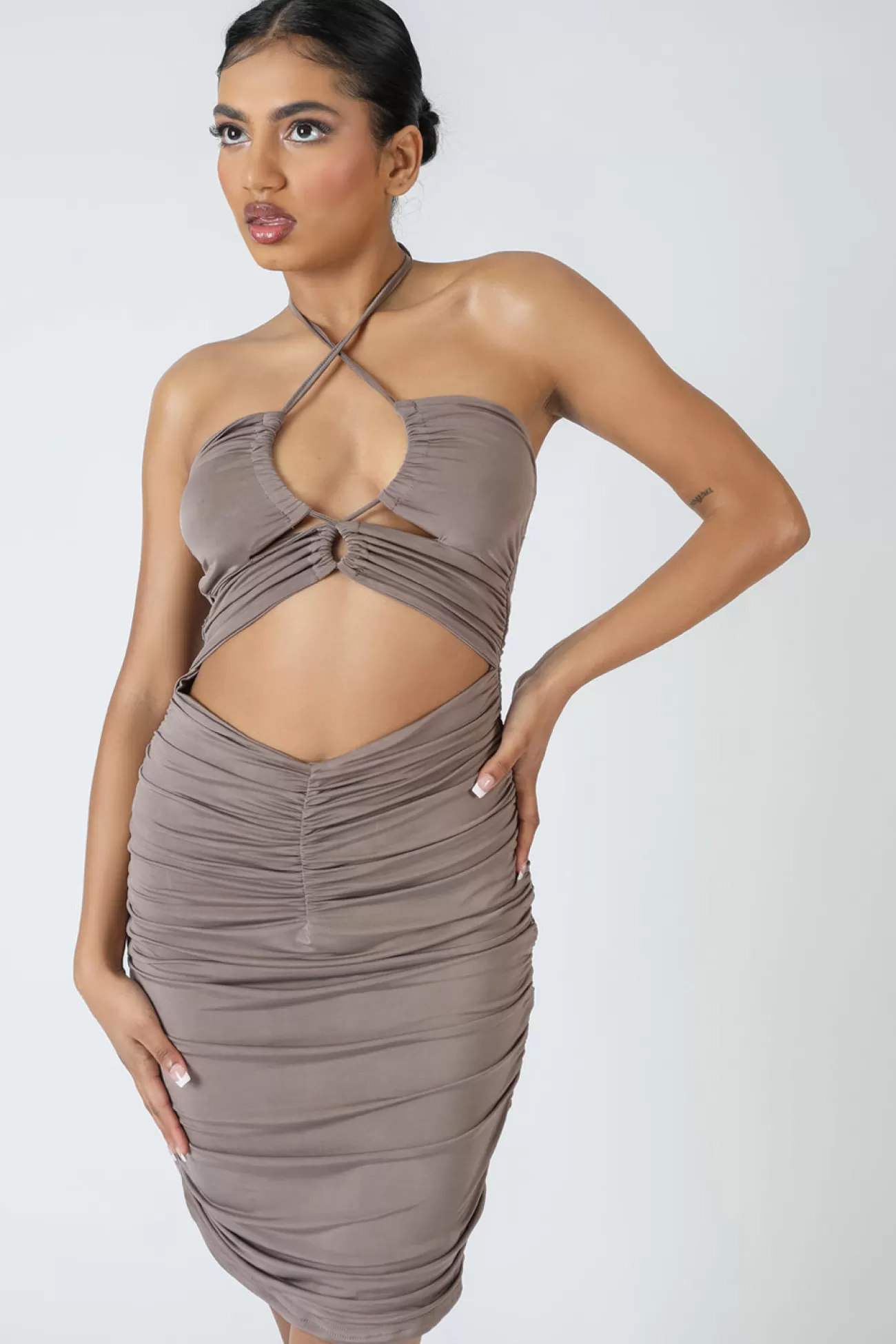 Public Desire Slinky Loop Ruching Tie Midi Dress Mink Grey Hot