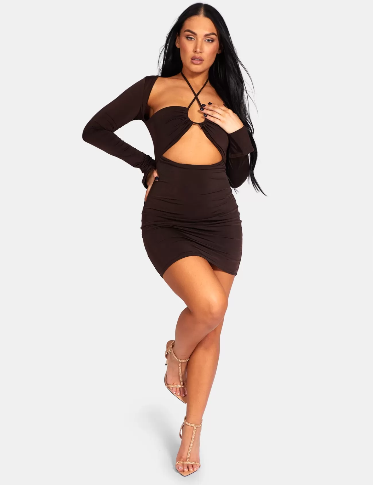 Public Desire Slinky Ruch Bust Cut Out Long Sleeved Dress Chocolate Cheap