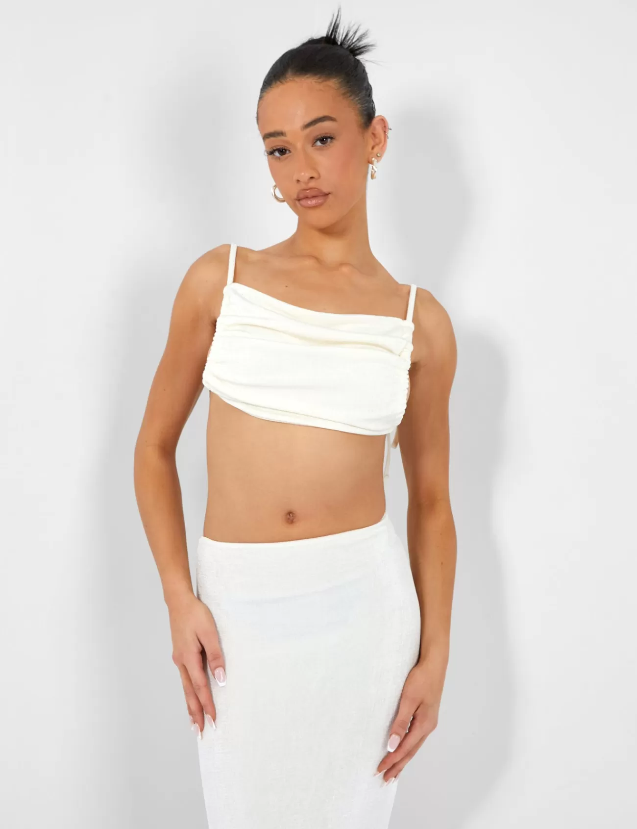 Public Desire Slinky Ruched Side Crop Top Ecru Best Sale