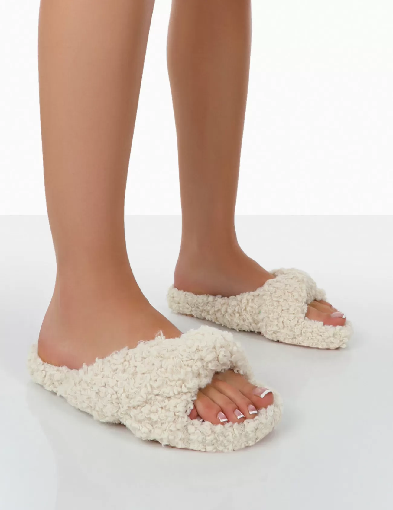 Public Desire Slumber Teddy Cross Over Strap Slippers Beige Store