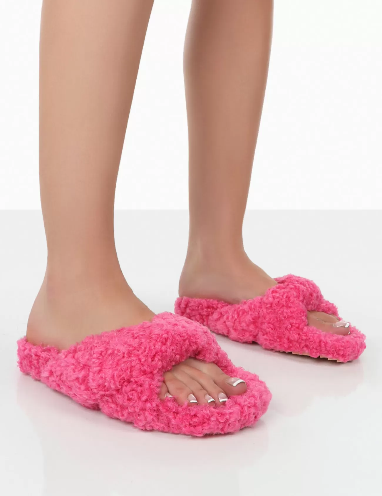 Public Desire Slumber Teddy Cross Over Strap Slippers Pink Shop